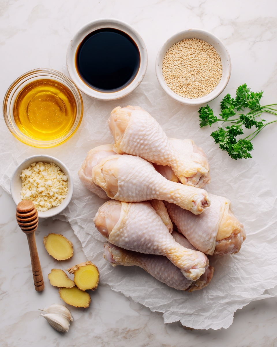 The image shows six raw chicken drumsticks stacked on a piece of white parchment paper in the center right of a white marbled surface. Above and slightly to the right of the chicken is a small white bowl filled with dark soy sauce, with green parsley leaves placed beside it. To the left of the chicken, there is a larger clear glass bowl filled with a golden honey-like liquid. Below it is a small white bowl with light beige minced garlic and sesame seeds. A small glass jar with a wooden dipper contains more honey and sits near the garlic bowl. Below the bowls, there is a few cloves of garlic and three slices of fresh ginger near the bottom right corner. The whole setting is on a white marbled surface, and everything is neatly arranged. Photo taken with an iphone --ar 4:5 --v 7