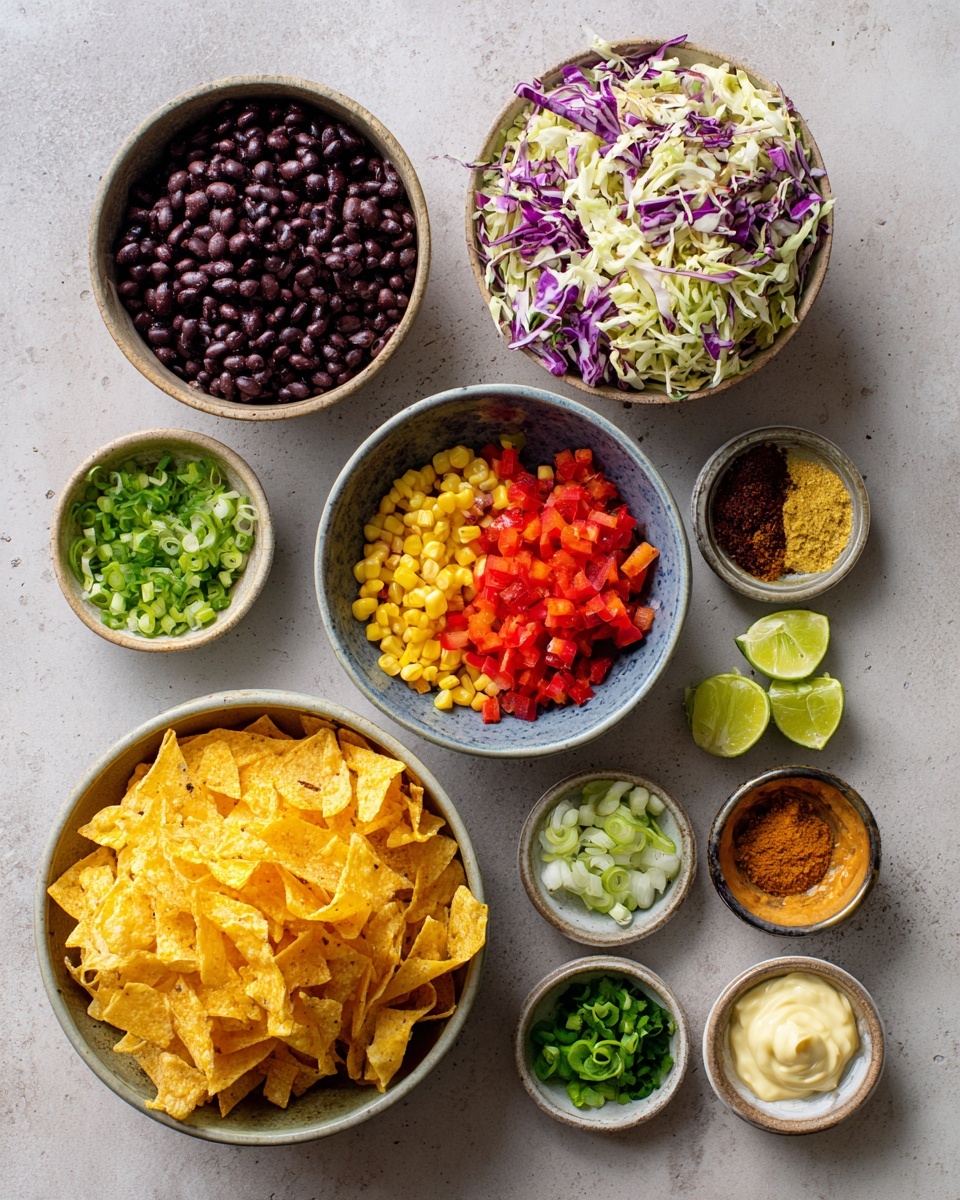 A white bowl filled with a creamy salad showing several layers and colors, including shredded light orange meat, yellow corn kernels, black beans, light green chopped celery, and white creamy dressing that covers all ingredients. Crispy golden brown fried strips are scattered on top, adding texture. Some green herbs are sprinkled over the dish for a fresh touch. The bowl sits on a dark wooden surface with a few broken tortilla chips and lime halves around it. Photo taken with an iphone --ar 4:5 --v 7