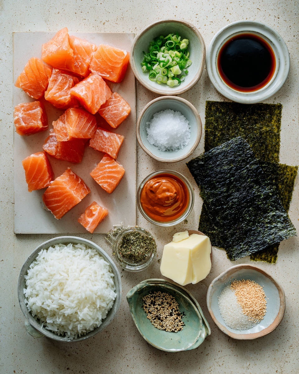 A close-up view of a small bite held by dark chopsticks showing three main layers: at the bottom a dark green crispy seaweed with crinkled texture, in the middle small cubes of pinkish-orange cooked fish, and on top a bright orange sauce drizzled evenly over the fish, sprinkled with pale sesame seeds and finely chopped green herbs with thin rounds of green onion. In the blurred background, more pieces of the same bite are placed on a white plate resting on a white marbled surface photo taken with an iphone --ar 4:5 --v 7