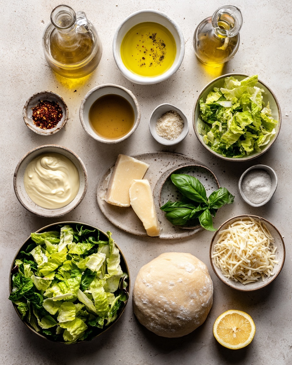 A round pizza with a thick golden-brown crust sits on a wooden surface with fresh basil leaves nearby. On top, there is a layer of fresh green romaine lettuce leaves covering the center. The lettuce is drizzled with a creamy white sauce and sprinkled with grated cheese and small crunchy light brown croutons. The crust is textured with browned, bubbly spots, showing it is baked well. A glass with green basil leaves is placed near the top right corner. The overall scene has warm, natural lighting. Photo taken with an iphone --ar 4:5 --v 7