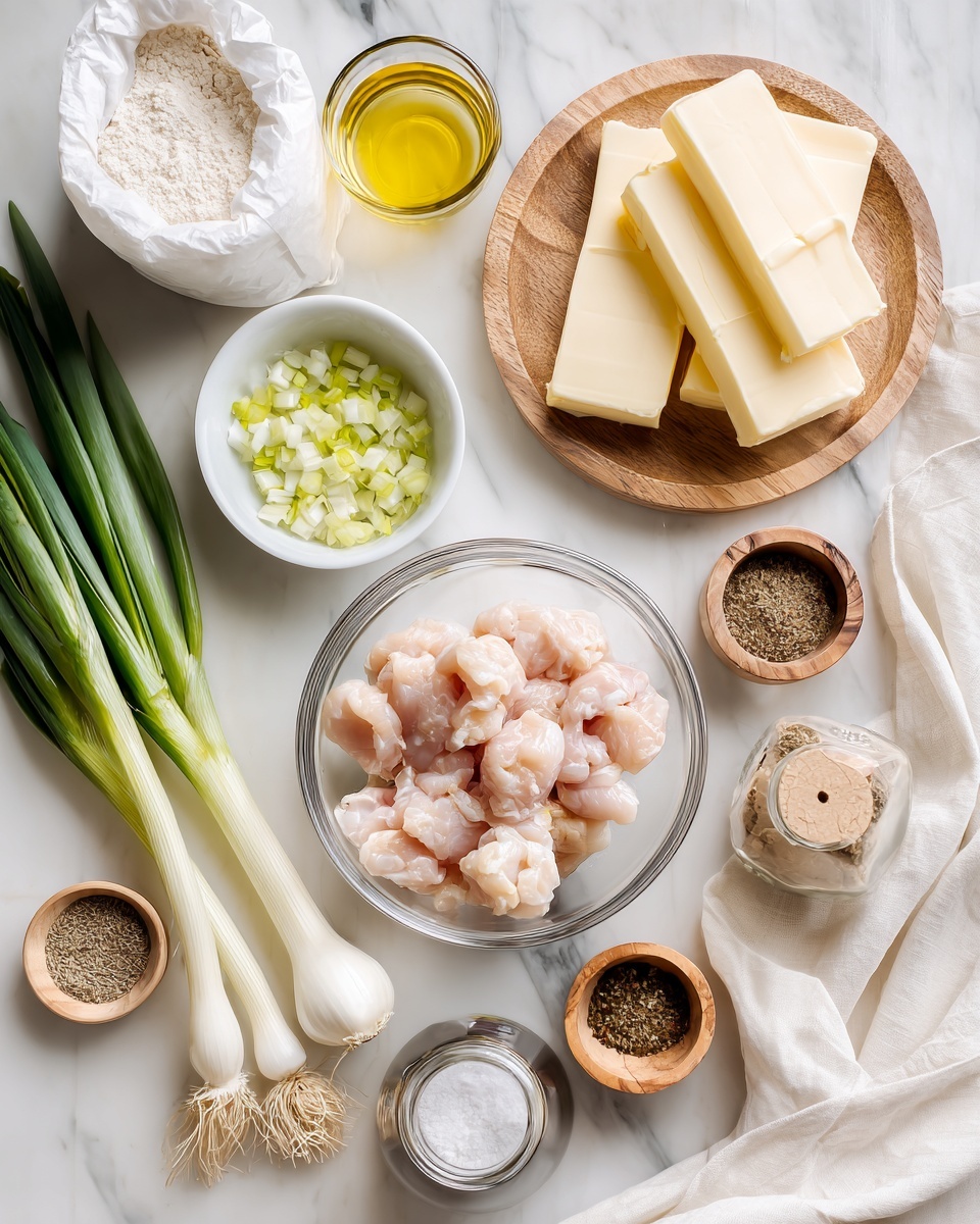The image shows a flat lay of raw ingredients on a white marbled surface. In the center, there is a clear glass bowl filled with small pale pink pieces of raw chicken. To the left, a small white bowl holds chopped green onions, next to whole green onions with white bulbs. Above this, a wooden plate has two yellow sticks of butter, one larger and one smaller. At the top center, there is a clear glass container filled with light yellow oil. A white paper bag with white flour is at the top left. Around the ingredients, there are small wooden bowls and glass spice jars containing white salt, black pepper, and various brown and tan spices. A white cloth is softly spread at the bottom and top right corners. photo taken with an iphone --ar 4:5 --v 7