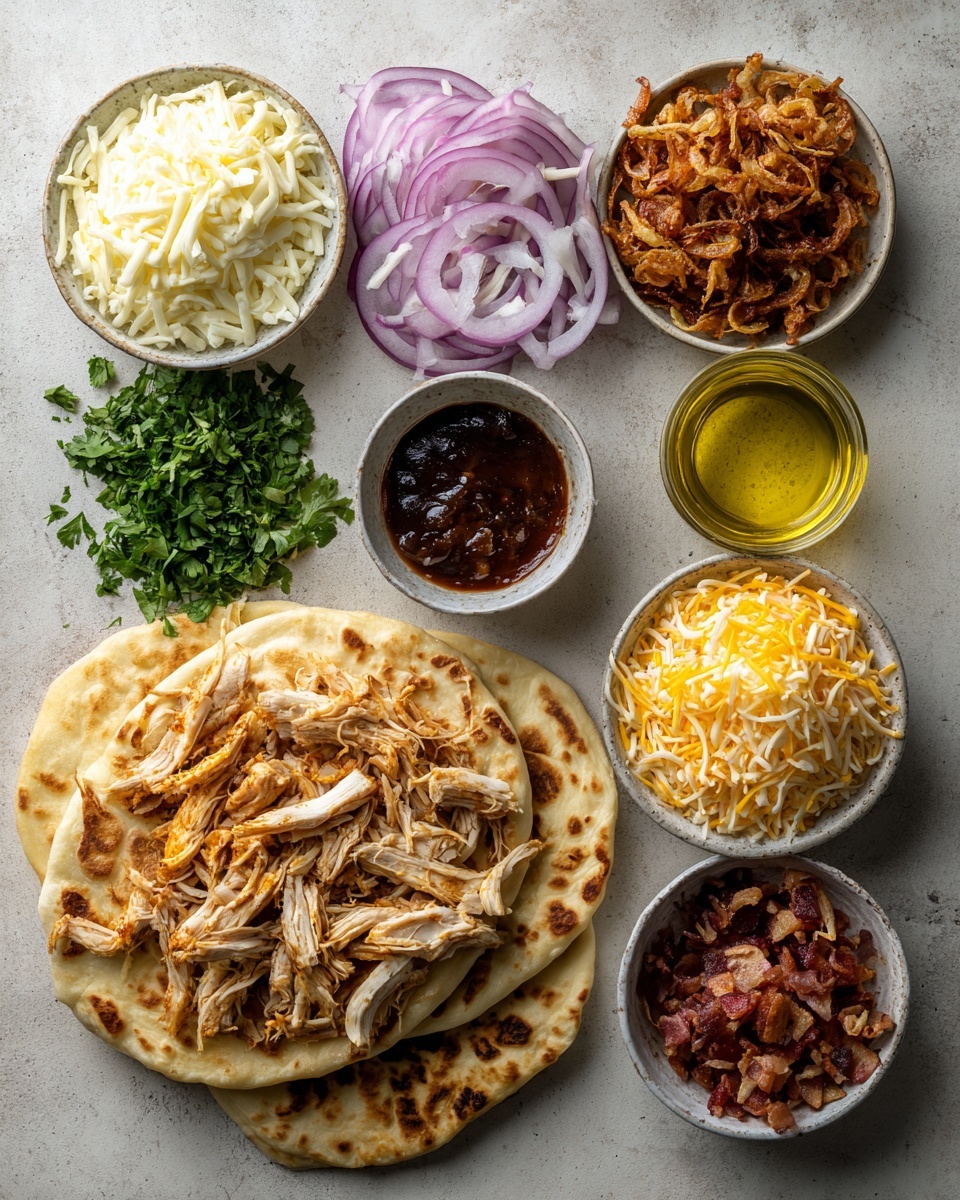 The image shows several slices of flatbread pizza arranged closely, each slice having a thick, light golden crust as the base layer. The second layer is melted white cheese covering the surface with some browned edges. On top of the cheese, there are pieces of cooked orange-brown chicken, thin strips of red bell pepper, and finely sliced purple onion rings spread evenly. Small green herb leaves are sprinkled over the slices, adding a fresh contrast. The flatbreads are placed on brown parchment paper on a tray, all set on a white marbled surface. Photo taken with an iphone --ar 4:5 --v 7