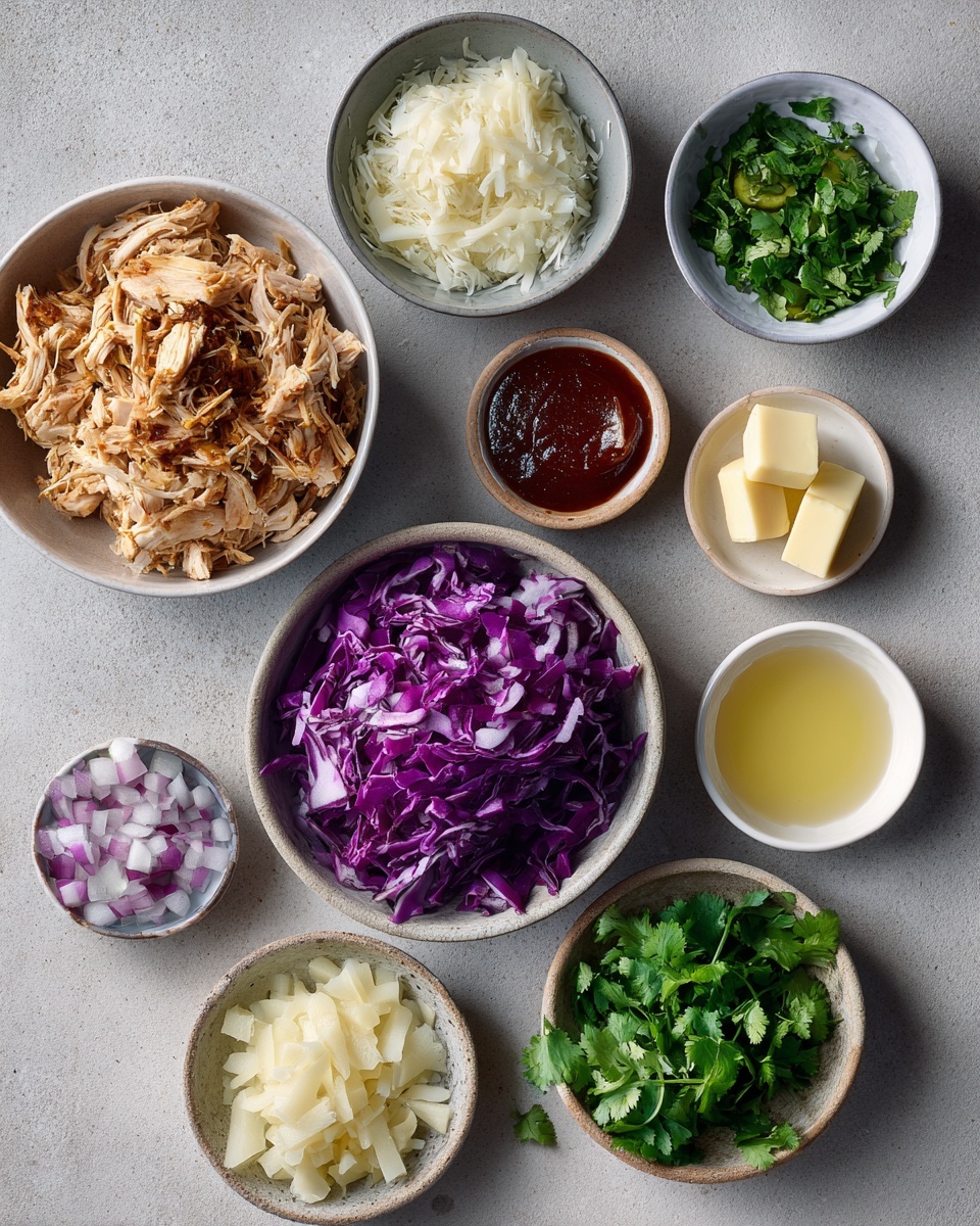 Three sliders sit on a white plate with a white marbled texture background. Each slider has a shiny golden brown bun topped with small white seasoning flakes and green herb leaves. Inside, the bottom layer shows shredded purple cabbage, topped with shredded orange chicken mixed with sauce, and green pickle slices. A small golden spoon with a dark brown sauce rests on the plate near the sliders, with some sauce spilled beside it. Photo taken with an iphone --ar 4:5 --v 7