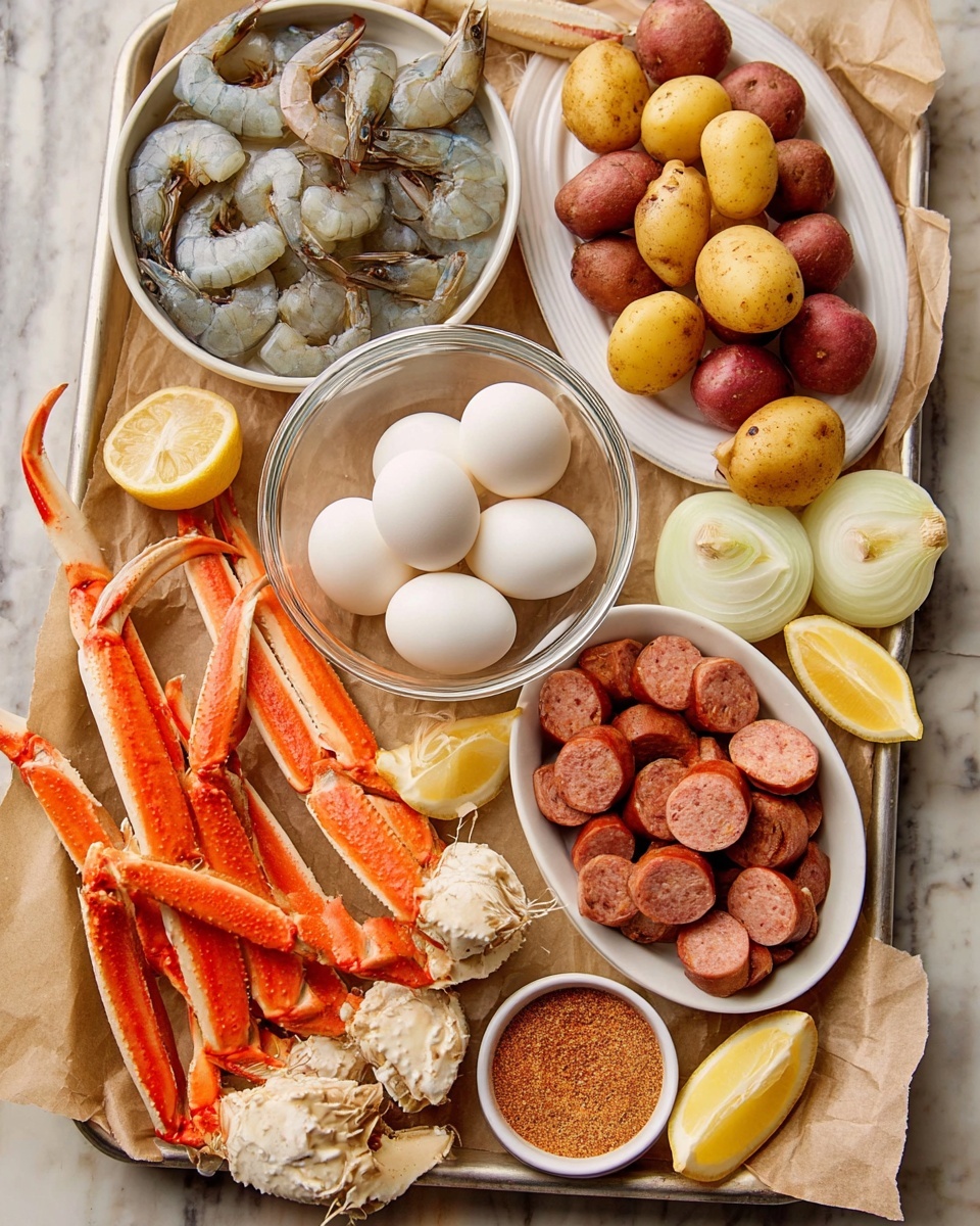 A food tray with several dishes on a white marbled surface, lined with brown paper. On the top left, a white bowl holds raw shrimp with gray and white shells. Below it, a clear glass bowl filled with five white boiled eggs is placed. To the right of the eggs, a small white bowl contains a reddish-brown spice mix. A large oval white plate in the top right is full of red and yellow small potatoes. Below the potatoes, a white bowl holds sliced sausage with a reddish color and visible spices. On the left side of the tray, bright orange crab legs and claws with white tips are arranged, and lemon wedges are scattered around them. There are also some white onion slices near the crab legs and potatoes. Photo taken with an iphone --ar 4:5 --v 7
