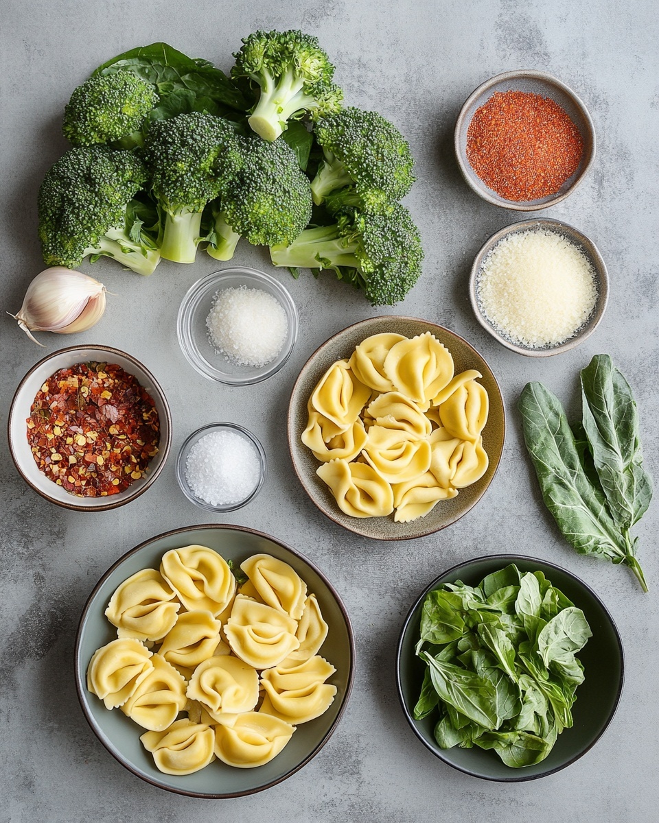 This image shows a casserole dish filled with a baked pasta meal. The base layer consists of cheesy tortellini pieces in pale yellow color, arranged throughout the dish. Mixed in are bright green broccoli florets adding freshness and texture. Scattered between the pasta and broccoli are slices of browned sausage in a rich reddish-brown color with a slightly crispy surface. The entire dish is topped with melted cheese which has golden-brown spots and is sprinkled with finely chopped green herbs and shredded white cheese. The casserole is in a dark baking tray placed on a white marbled surface photo taken with an iphone --ar 4:5 --v 7