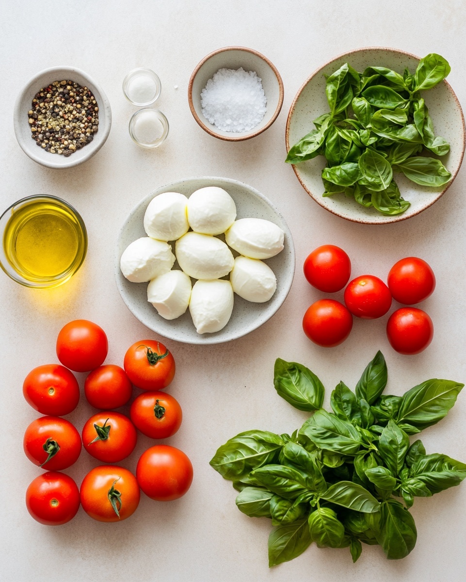 A white bowl filled with a colorful salad layered with bright red and yellow cherry tomato halves as the base, topped with white chunks of soft cheese scattered across the top, and fresh green basil leaves placed evenly over the salad. The salad is sprinkled with dried herbs and a light seasoning, giving a textured look. The bowl rests on a white marbled surface, with some green basil leaves scattered around it, and a blurred loaf of bread in the background. Photo taken with an iphone --ar 4:5 --v 7