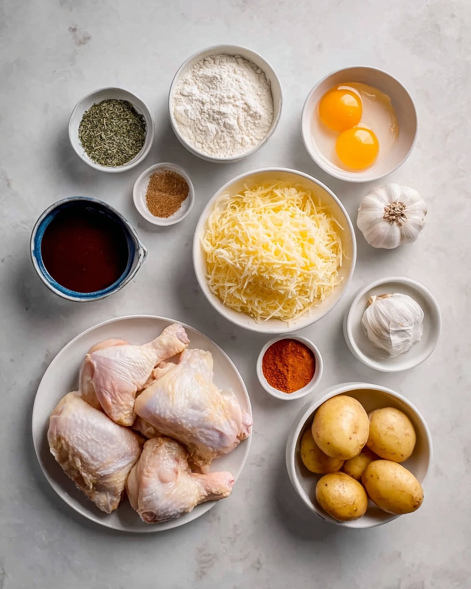 The image shows raw food ingredients neatly arranged on a white marbled surface. There are four pieces of raw chicken with skin on a white plate in the lower left corner. To the right, a white bowl holds three small potatoes with a smooth skin. Near the upper right, two egg yolks sit in a white bowl. Below the eggs is a white bowl filled with shredded cheese. Above the chicken, a white bowl contains white flour, and next to it is a small white bowl with dried green herbs. In the top left corner, a white bowl holds thick dark sauce. A small white bowl in the center contains three types of powdered spices in separate sections: one white, one reddish-brown, and one orange. Two whole garlic bulbs are present, one near the eggs and one near the top right corner. The overall setup is clean and organized, with each ingredient clearly visible and separated.photo taken with an iphone --ar 4:5 --v 7