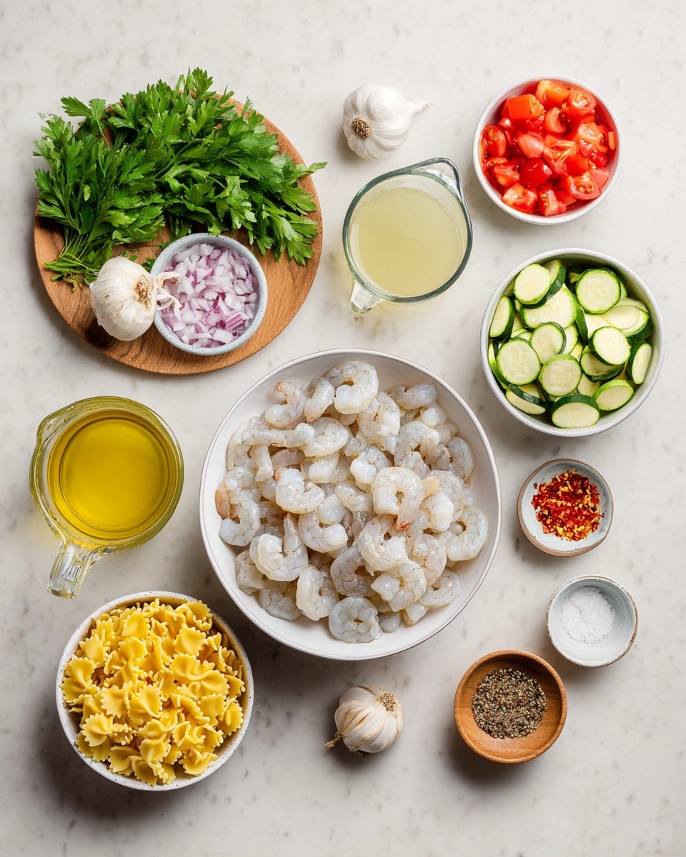 A close-up of a white bowl filled with three main layers: a base layer of light yellow farfalle pasta with a smooth, slightly glossy texture, a middle layer of pink shrimp with a firm, curved shape, and green zucchini slices with a soft texture; the top layer shows scattered bright green chopped herbs and small red tomato pieces that add color and freshness. A silver fork rests inside the bowl on the lower right side. The bowl sits on a white marbled surface. Photo taken with an iphone --ar 4:5 --v 7