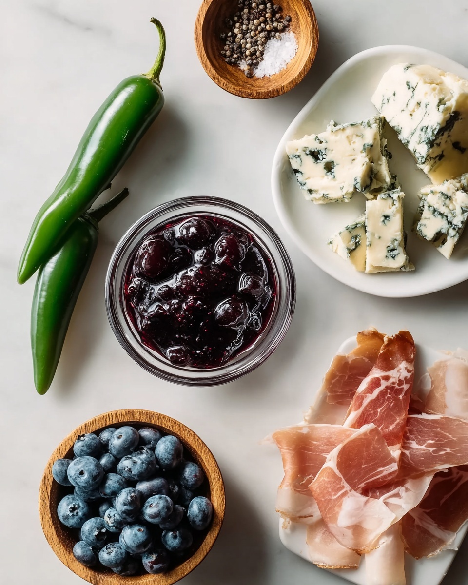 The image shows a white marbled surface with a small white plate on the right side holding several pieces of creamy blue cheese in irregular shapes and a small pile of thinly sliced light pink cured meat with white fat edges below. In the center, there is a clear glass bowl filled with dark purple, glossy berry jam with whole berries visible. On the left side, there are three shiny green jalapeño peppers aligned vertically. Above the bowl, a small wooden bowl contains coarse salt and black pepper. Below the bowl, another small wooden bowl holds fresh, plump blueberries with a matte finish. Photo taken with an iphone --ar 4:5 --v 7