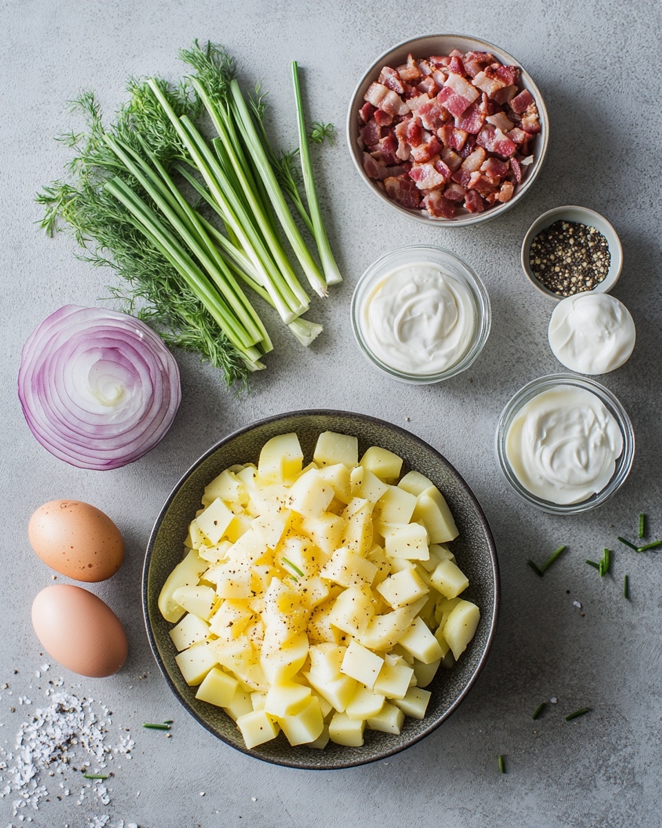 A clear glass bowl filled with potato salad sits on a white marbled surface. The salad has chunky pieces of yellow potato mixed with creamy white dressing. Scattered throughout are small pieces of green herbs and chopped purple onions, adding color and texture. On top, small bits of crispy, reddish bacon are sprinkled alongside finely chopped green chives, giving a fresh and crunchy look. The salad looks thick, mixed well, and inviting. Photo taken with an iphone --ar 4:5 --v 7