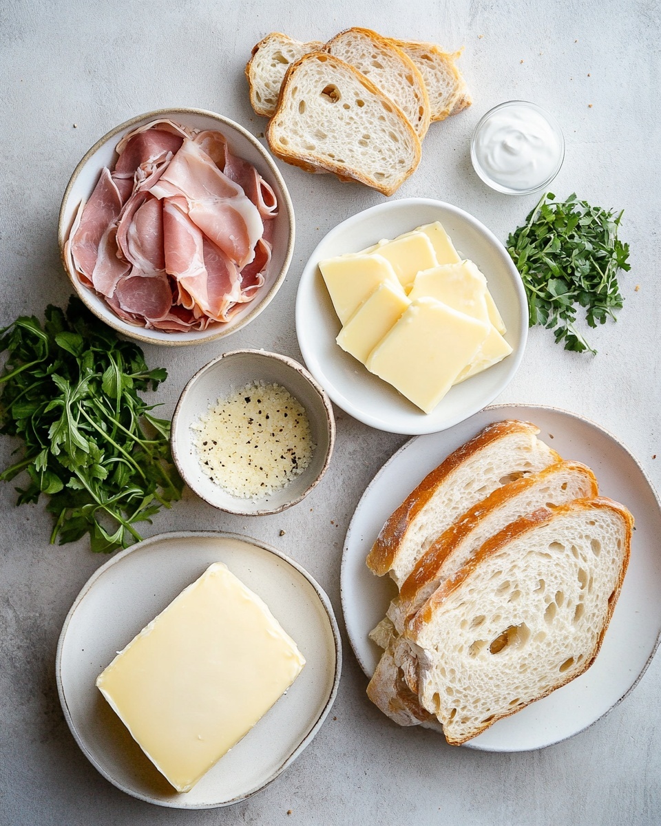 The image shows a close-up of a toasted sandwich with three main layers, placed on a wooden board. The top layer is golden brown melted cheese with a bubbly and slightly crispy texture, sprinkled with small green herb bits. Below that is a layer of dark red cured meat folded neatly. The bottom layer is white melted cheese that looks soft and smooth, oozing slightly at the sides. The sandwich bread is crispy and toasted, visible underneath the melted cheese layer. In the corner, some green fresh herbs can be seen as a garnish. The photo has a white marbled background. Photo taken with an iphone --ar 4:5 --v 7