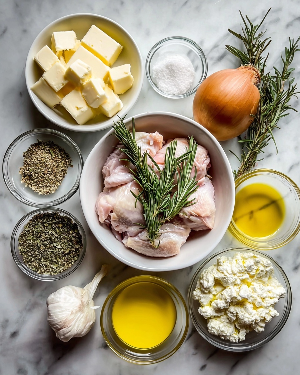 The image shows various cooking ingredients arranged neatly on a white marbled surface. In the center is a white bowl with raw chicken pieces topped with two sprigs of fresh rosemary. Around it are several small white bowls: one with cubed butter, one with a crumbly white cheese, and one with a creamy herb cheese spread. Additionally, there are two small clear glass bowls with yellow oils, a small clear bowl with mixed dried herbs, and a larger clear bowl filled with coarse salt. To the top right of the chicken are a brown onion, a whole garlic bulb, and one brown egg, with fresh rosemary sprigs placed nearby. photo taken with an iphone --ar 4:5 --v 7