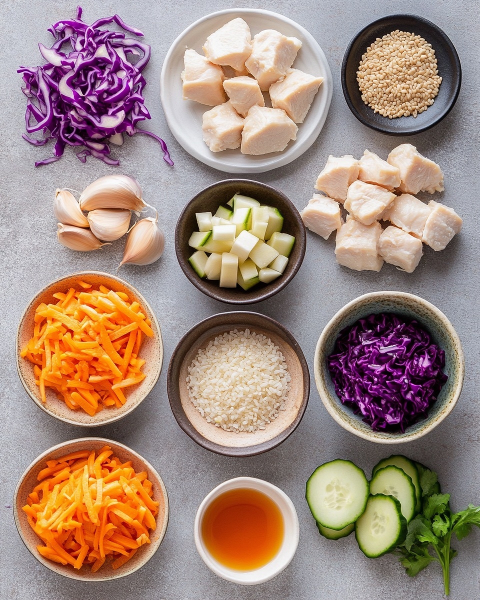 A white bowl filled with a three-layer meal on a white marbled surface. The bottom layer is white rice, seen in small patches at the edges. On top of the rice is the main layer of cubed, cooked chicken pieces covered in a creamy light brown sauce with black sesame seeds sprinkled over it. To the right side is a colorful vegetable mix with purple cabbage, orange carrot slices, and bits of the same sauce. At the top edge of the bowl, there is a row of green cucumber slices. Some chopped green scallions are sprinkled over the chicken and vegetables. Photo taken with an iphone --ar 4:5 --v 7