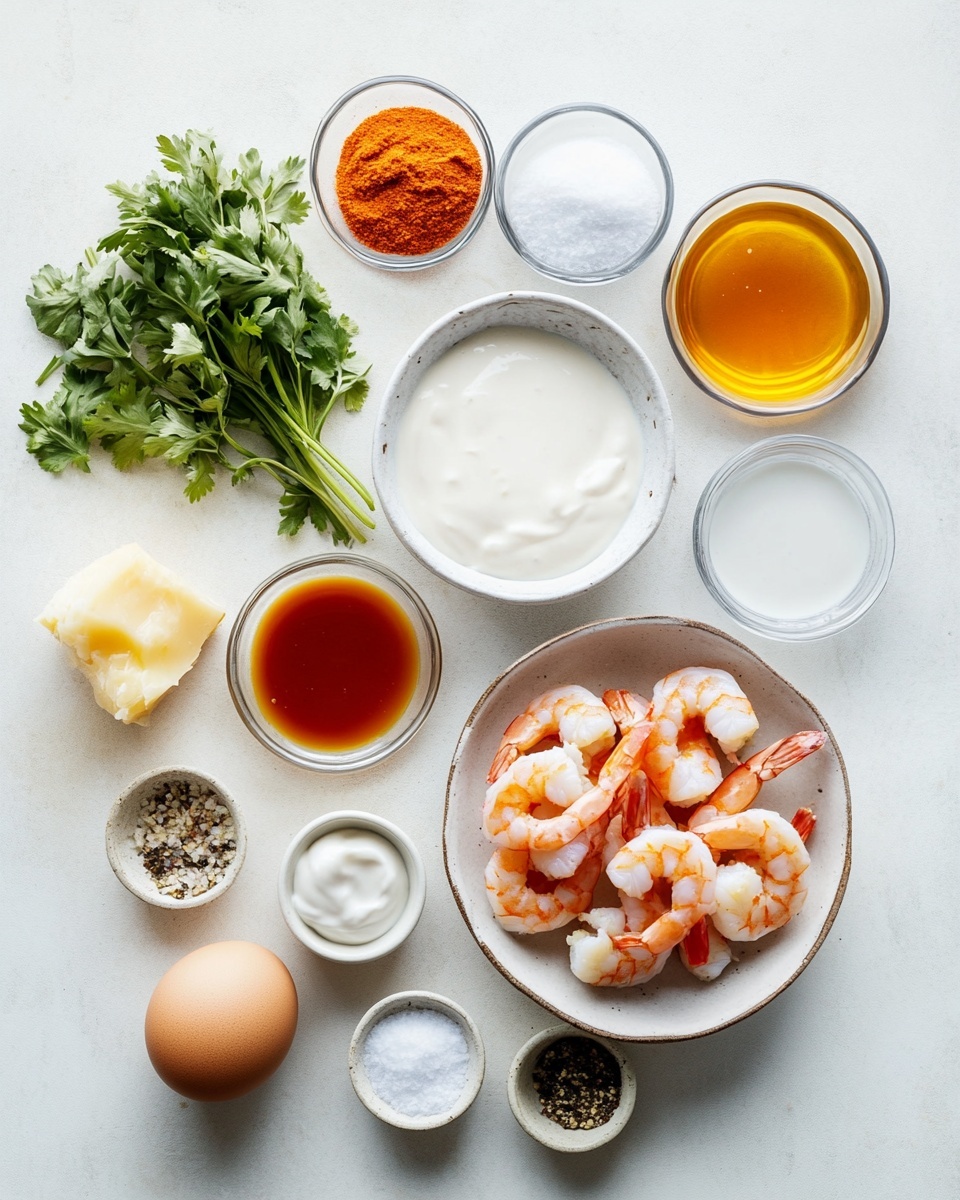 A pile of golden-brown crispy fried shrimp with a crunchy texture sits in a round white plate, each shrimp coated with a shiny light orange sauce drizzled on top. Small green parsley leaves are scattered over the shrimp for color. Behind the plate is a small bowl filled with smooth orange dipping sauce. A striped cloth with black, white, and gray lines rests in the background on a white marbled surface. The plate is full of shrimp stacked in layers, glowing warmly from soft lighting, photo taken with an iphone --ar 4:5 --v 7