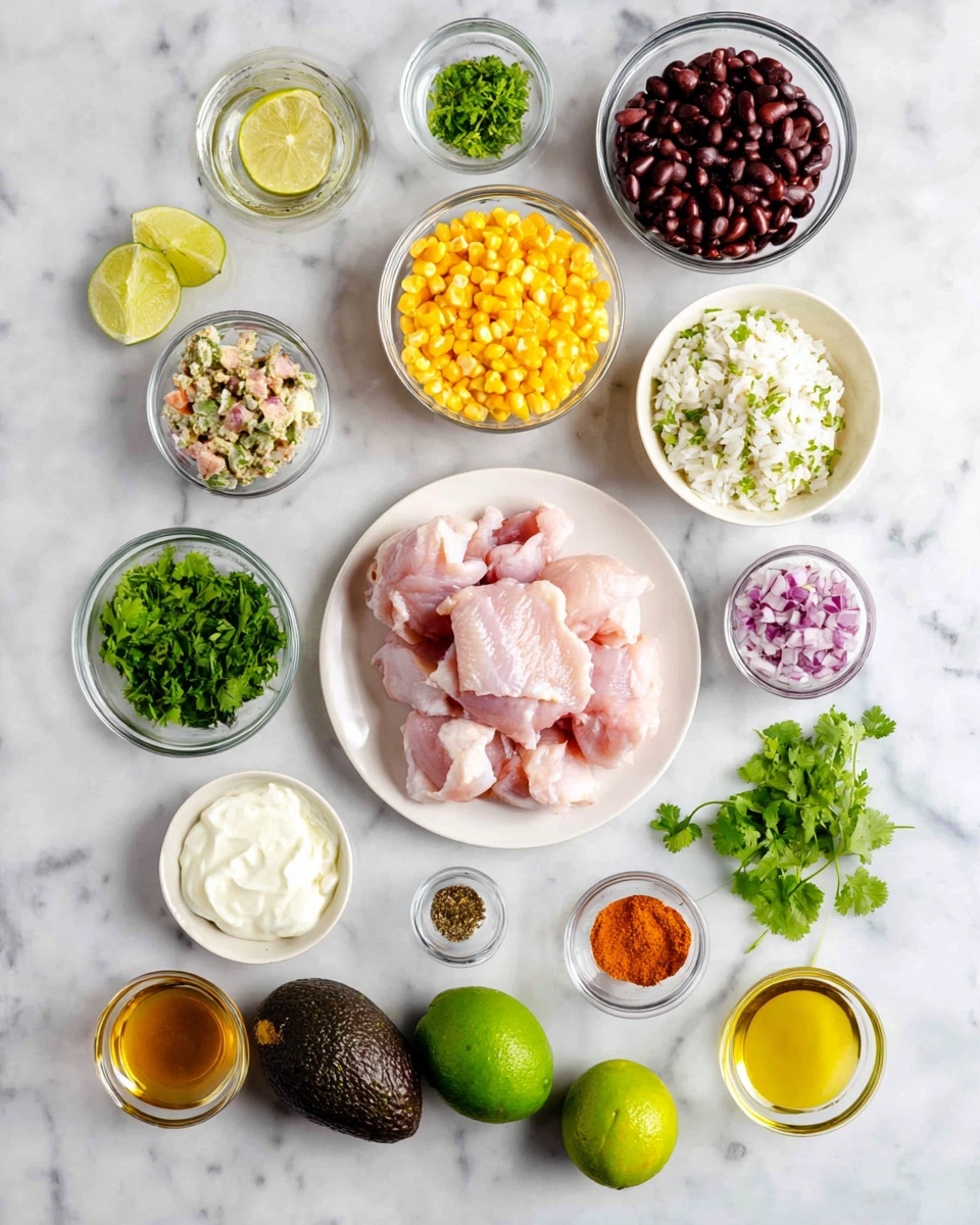 The image shows many clear glass bowls and white plates arranged on a white marbled surface. In the center, there is a white plate with raw pink chicken pieces. Around it, bowls hold bright yellow corn, dark brown beans, fluffy white rice with green herbs, and white creamy sauce. Two whole green limes and two dark green avocados lie near the bottom. Small bowls with different spices and chopped purple onions add pops of orange, red, yellow, and brown colors. Green cilantro leaves and lime zest add fresh green touches, while small bowls of golden oil and honey add a clear yellow shine. The items are neatly placed and evenly spaced across the surface, creating a clean and organized presentation. Photo taken with an iphone --ar 4:5 --v 7