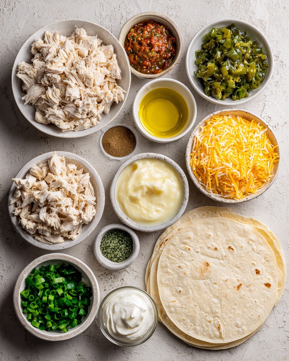 A white plate on a white marbled surface holds a dish with two main parts: on the left, a rolled tortilla covered by two thick layers of sauce—first a light green sauce with a smooth texture, then a yellow sauce melted over it—with bright green chopped scallions scattered on top; on the right side, a mound of orange-tinted rice with a few pieces of diced red tomatoes and chopped green scallions mixed inside, with more diced red tomatoes placed behind the rice as garnish. Photo taken with an iphone --ar 4:5 --v 7