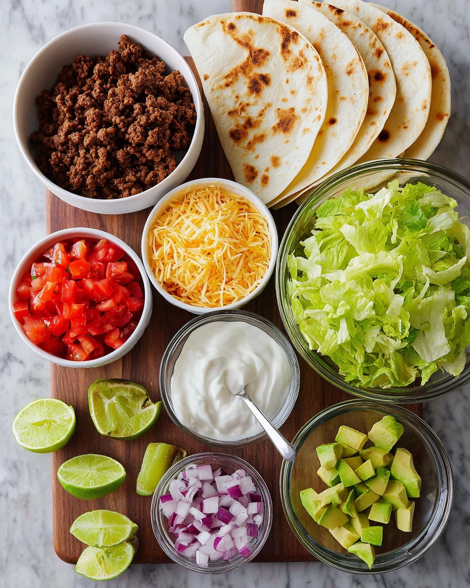 The image shows a taco setup with several bowls arranged on a white marbled surface. On the top right, there are two white tortilla bowls with a light brown, crispy texture and toasted spots on the edges. On the top left, a white bowl holds cooked ground beef, dark brown with a crumbly texture. Below it, a small white bowl contains shredded yellow cheese. Next to the cheese, a white bowl has sour cream with a smooth, creamy white surface and a spoon inside. To the right of the sour cream, a large clear bowl is filled with chopped light green lettuce. In the middle, a small white bowl contains diced red tomatoes, showcasing their juicy texture. Below the tomatoes, a small clear bowl has chopped red onions with purple and white layers. Next to the onions, a small white bowl contains diced green and yellow avocado pieces. Lime wedges with green skin and juicy flesh are placed around the bowls, adding the final touch. photo taken with an iphone --ar 4:5 --v 7