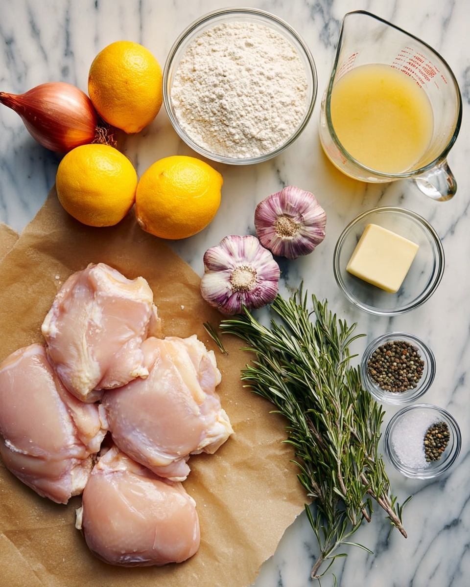 The image shows raw chicken pieces laid on brown parchment paper at the bottom with a smooth pale pink color and glossy texture. Above them, there is a shiny red shallot with dry roots on the left side. To the right, a clear glass measuring cup contains a pale yellow liquid with a curved spout. Near the middle, several garlic cloves with purple skin surround a whole garlic bulb that has a natural off-white and purple mix. To the left of the garlic, there is a small clear glass bowl filled with white flour. Next to the flour is a fresh bunch of green rosemary with needle-like leaves. Toward the top left, two whole bright yellow lemons and one half lemon reveal their juicy, segmented orange-yellow inside. A small square of pale yellow butter rests on top of a white wrapper. To the right, two small clear bowls hold coarse black pepper and salt crystals. The whole scene is placed on a white marbled surface. Photo taken with an iphone --ar 4:5 --v 7
