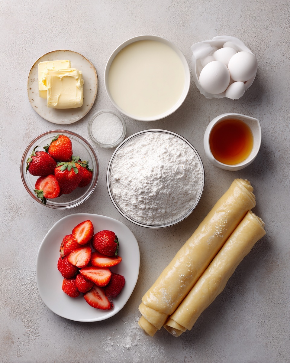 The image shows multiple triangle-shaped pastries placed on a white marbled surface. Each pastry has two flaky, golden-brown puff pastry layers, with the top triangle slightly lifted to reveal the filling inside. The inner filling consists of a swirl of white cream, which looks soft and smooth, accompanied by fresh red strawberry slices arranged neatly within the layers. The pastries are lightly dusted with powdered sugar, adding a delicate white layer on top of the golden crust. Scattered around the pastries are whole strawberries with their green leafy tops still attached, adding vibrant red and green colors to the scene. Some pastry crumbs are also visible on the surface, providing a natural, casual look. Photo taken with an iphone --ar 4:5 --v 7