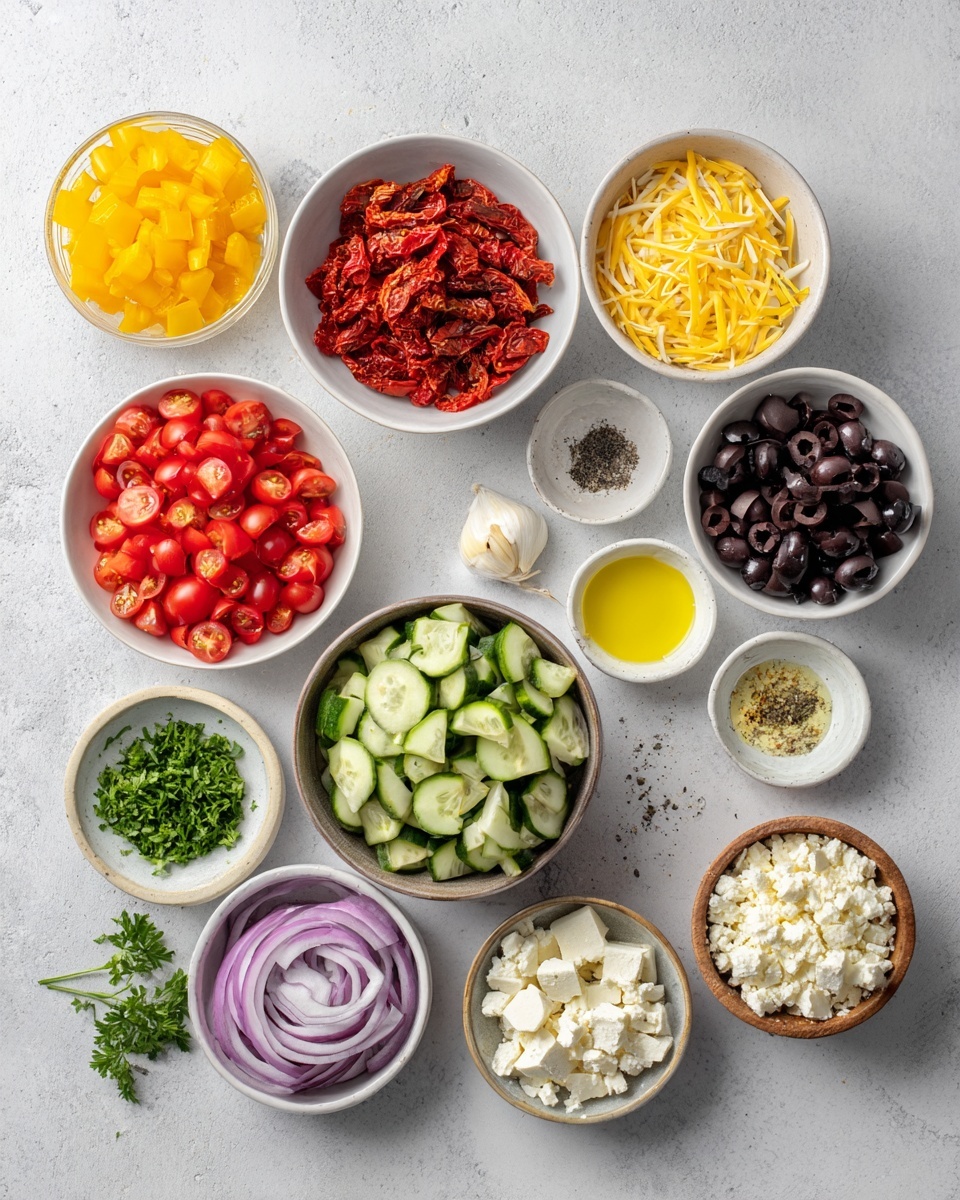 A close-up view of a colorful Greek salad in a light brown wooden bowl shows many small pieces mixed together: bright red tomato chunks, pale green cucumber cubes, yellow bell pepper squares, thin purple onion slices, black olive rings, and small bits of white feta cheese scattered on top. Fresh green parsley is sprinkled everywhere, adding a touch of brightness. A large silver spoon with a cream handle rests inside the bowl. Around the bowl are white dishes, one with a yellow oil and herb dressing, and another with more white feta cheese, set on a smooth white marbled surface. photo taken with an iphone --ar 4:5 --v 7