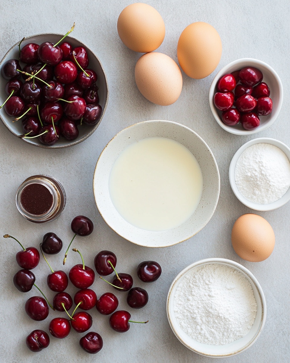 An oval white dish holds a clafoutis, a golden baked dessert with deep red cherries spread all over its surface, some slightly sunken in. The clafoutis is lightly dusted with white powdered sugar, adding a fine texture on top. Nearby, a white colander contains more dark red cherries with stems, and a few loose cherries rest on a soft white cloth beneath. A glass and a tea strainer with powdered sugar remain on the white marbled surface around the dessert, creating a light, fresh setting. photo taken with an iphone --ar 4:5 --v 7