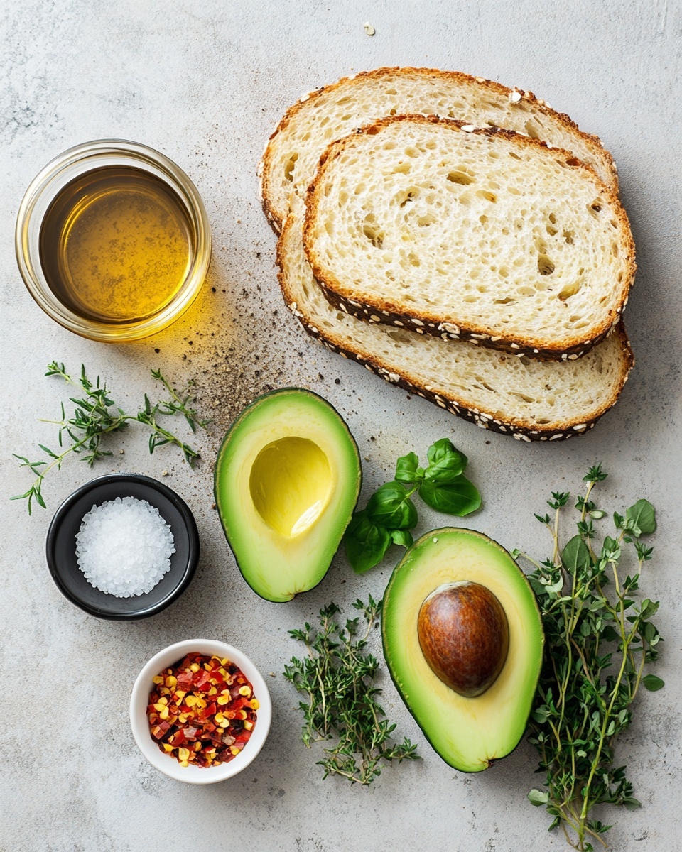 The image shows two slices of toasted bread on a white marbled surface, each topped with green avocado slices drizzled with golden olive oil and sprinkled with black pepper and sea salt. To the left, a half avocado with its seed inside is placed next to small white bowls containing white sea salt, red chili flakes, and mashed green avocado. Sprigs of fresh green thyme are scattered around the items, creating a fresh and natural look. The overall colors are light browns, greens, and white, giving a fresh and healthy appearance. photo taken with an iphone --ar 4:5 --v 7