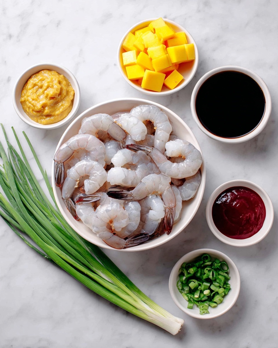 The image shows a white bowl filled with uncooked shrimp arranged in a circle with their tails out, placed on a white marbled surface. Surrounding the shrimp bowl are six small white bowls and a bunch of green onions. The small bowls contain, from left to right, golden chunky sauce, cubed bright yellow mango pieces, dark soy sauce, a thick red sauce, and chopped green herbs. The green onions are fresh and long, lying flat near the center top of the image. Photo taken with an iphone --ar 4:5 --v 7