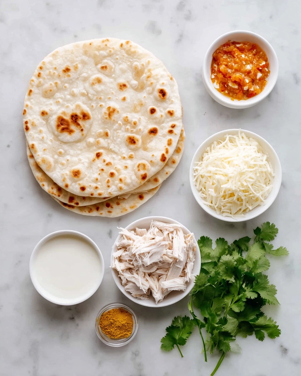 The image shows a white marbled surface with three round pieces of flatbread stacked on the left side, each flatbread having a light golden-brown spotted texture. To the right of the flatbread, there are small white bowls with different ingredients arranged neatly: the top bowl has a chunky orange sauce, the middle bowl is filled with shredded white chicken, the bottom-left bowl contains a creamy white liquid, the center small container is filled with shredded white cheese, and a tiny round bowl with yellowish powder. Fresh green cilantro leaves are placed on the lower right corner. Photo taken with an iphone --ar 4:5 --v 7
