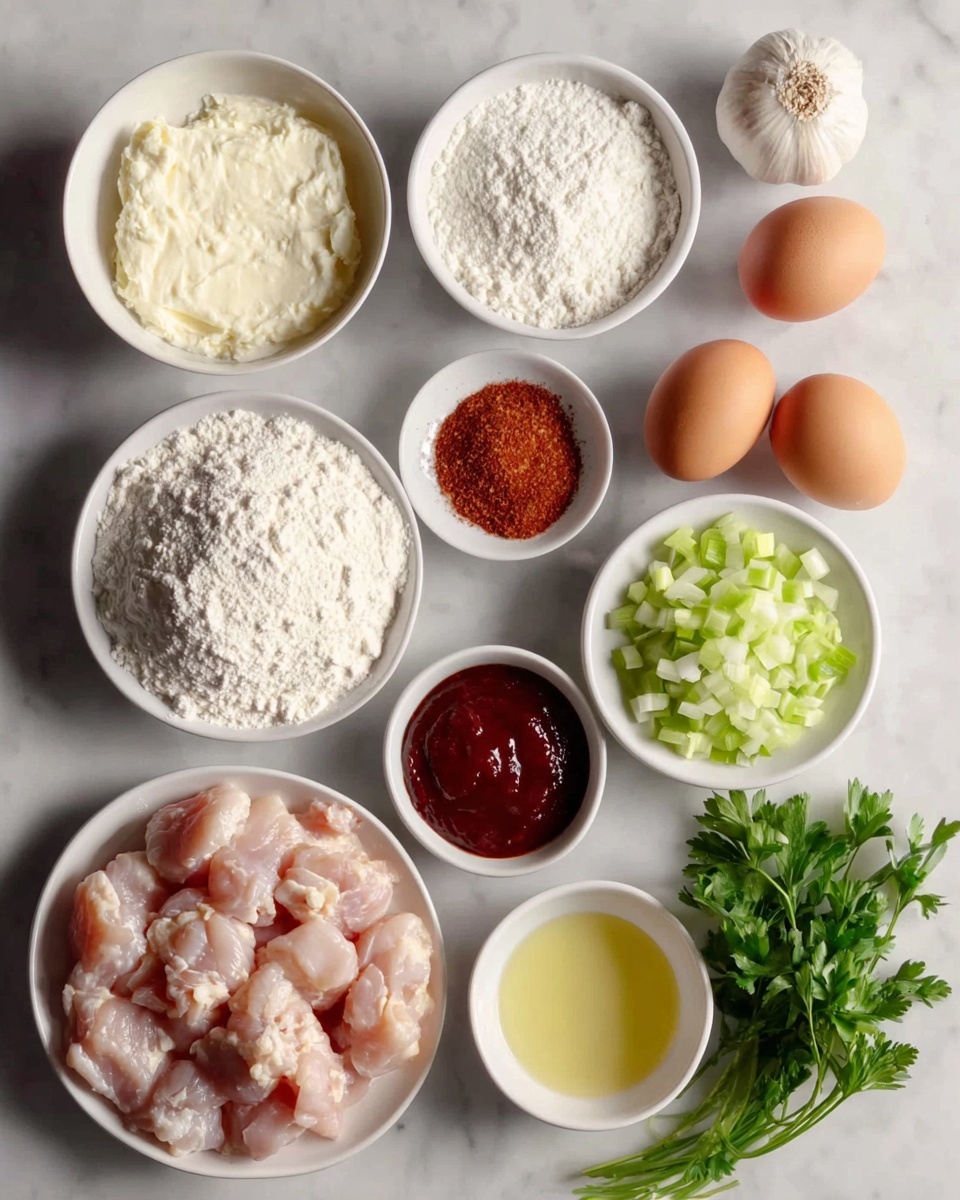 The image shows a flat arrangement of cooking ingredients on a white marbled surface. There are four light brown eggs near the top right and two small garlic bulbs beside them. In the top left, there is a white bowl filled with creamy white cheese, and next to it on the right is a large white bowl filled with white flour. Below the cheese is a smaller white bowl of white flour, and to its right is a small white bowl of reddish-brown spice powder. Below the spice bowl is a small white bowl of pale yellow oil, and right of that is a white bowl filled with a dark red sauce. In the bottom left corner is a pile of raw, light pink chicken cut into chunks, and to the right of the chicken is a white bowl with finely chopped pale green celery. Next to the celery is a small bunch of fresh green parsley. photo taken with an iphone --ar 4:5 --v 7