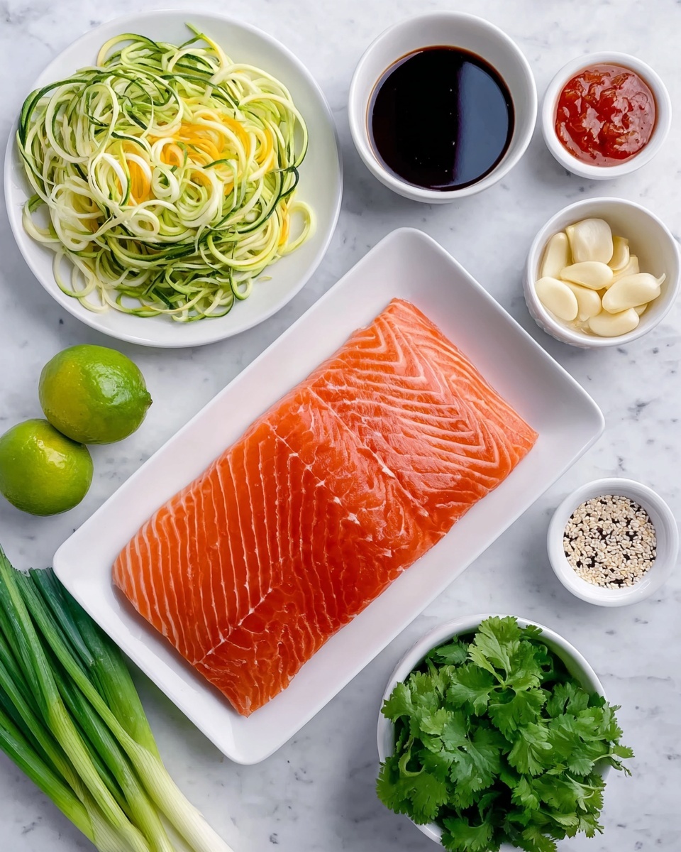 A large, fresh, rectangular piece of orange salmon with white marbled lines lies on a white rectangular plate in the center. To the top left, a white plate holds a nest of green and pale yellow spiralized zucchini noodles. Moving right, there is a white bowl filled with dark soy sauce, next to a small white bowl with red chili sauce, and another small white bowl with a golden yellow liquid, likely oil. Below the salmon plate, there is a white bowl containing fresh green cilantro leaves. Near the bottom left corner, a bunch of fresh green spring onions rests next to a halved lime, and two small white bowls—one filled with sliced garlic cloves and the other with white and black sesame seeds—complete the layout. All items are set on a white marbled surface. photo taken with an iphone --ar 4:5 --v 7