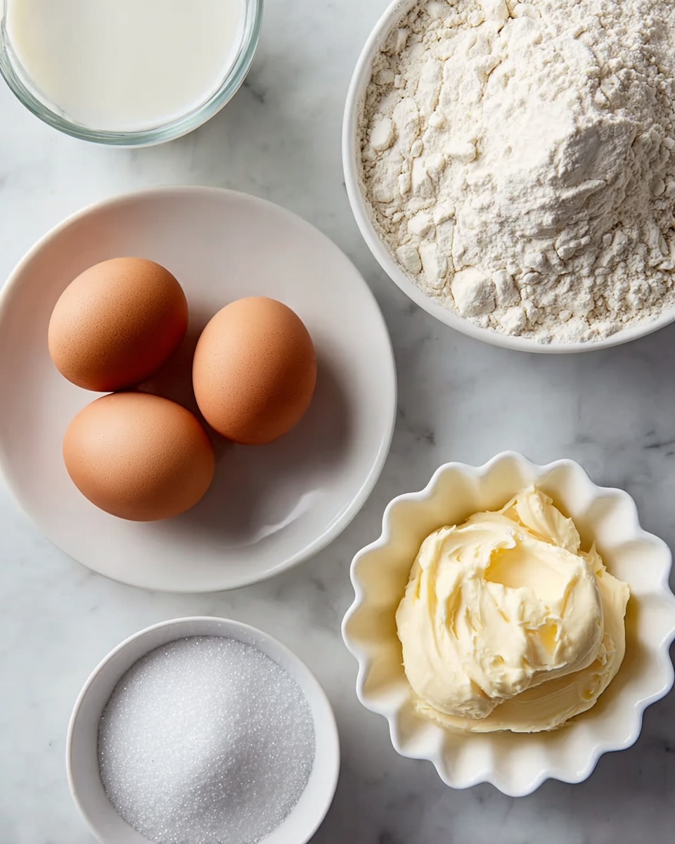 The image shows five bowls and plates arranged on a white marbled surface. In the center, there is a white plate holding three brown eggs with smooth shells. Above and to the right of the eggs, there is a white bowl filled with light, powdery white flour with a slightly rough texture. To the right and slightly below the eggs, a white scalloped bowl contains a pale yellow, creamy butter spread smoothly. Below the eggs and to the left is a small white bowl filled with fine white granulated sugar. At the upper left corner, a white plate partially visible holds a clear white liquid, likely milk. The arrangement is neat, with soft natural lighting that highlights the textures and colors. Photo taken with an iphone --ar 4:5 --v 7