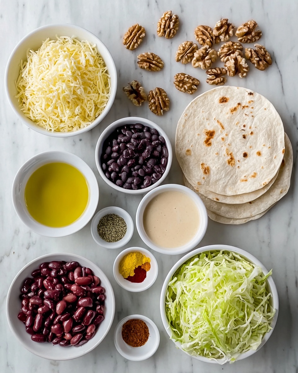 The image shows a neat arrangement of ingredients on a white marbled surface. From top left, there is a white bowl filled with a mix of shredded yellow and white cheese. To the right, there are seven whole walnuts and several walnut halves scattered nearby. Next to the walnuts is a small stack of round white tortillas with brown spots on their surface. Below the cheese, there is a small white bowl with green dried herbs, followed by a larger white bowl filled with shiny black beans. To the right, a white bowl contains a creamy light beige sauce. Below, a small white bowl holds several colorful spices including red, yellow, green, and white powders. On the left, there is a white bowl filled with golden olive oil. Below the oil, another white bowl contains red kidney beans mixed with a red sauce. Finally, at the bottom right corner, a white bowl is heaping with finely shredded light green cabbage. photo taken with an iphone --ar 4:5 --v 7