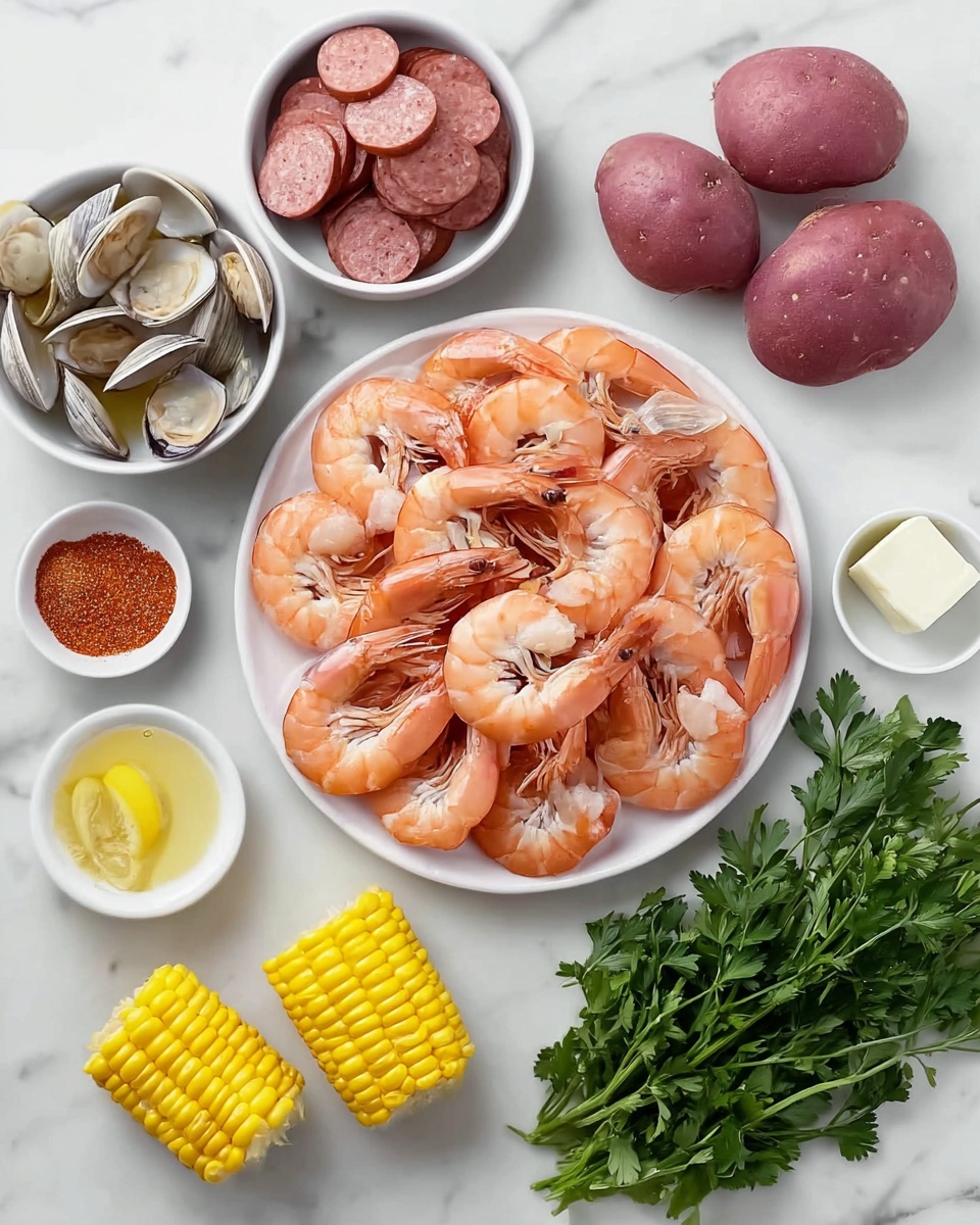 A white plate is filled with a layer of pinkish-orange cooked shrimp arranged in a circular pattern showing their curved shapes and tails. Surrounding the plate are small white bowls containing different ingredients: one with sliced smoky sausage pieces in a deep red-brown color, another with cooked clams with beige and grey shells partly open to show the pale meat inside, and a small bowl with a few whole clams soaking in a yellow-green liquid with chopped garlic. Nearby are two bright yellow corn pieces resting next to half a lemon cut side up, a small white bowl of melted butter with a pale cream color, a bowl of reddish seasoning powder, and a bunch of fresh green parsley with leafy texture. There are also a few reddish-purple potatoes at the top right corner placed on a white marbled surface. The photo taken with an iphone --ar 4:5 --v 7