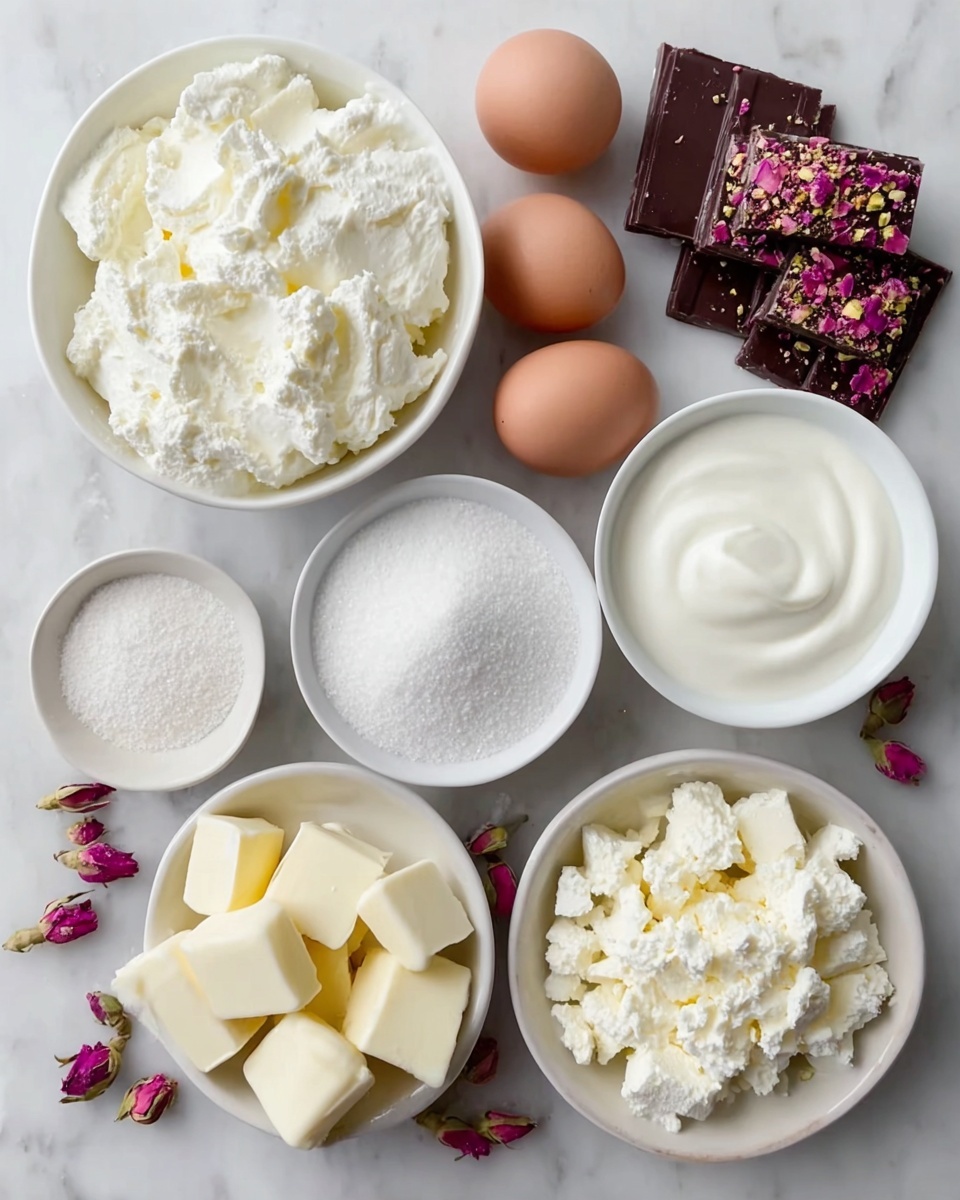 The image shows nine white bowls and plates arranged on a white marbled surface. The top left bowl is filled with white creamy cheese with a soft, lumpy texture, followed by three brown eggs placed vertically in the center. To the right of the eggs is a white bowl with smooth, thick white yogurt. Below the eggs, there are small bowls: one with fine white sugar, one with white crumbly cheese, and another with a broken creamy white cheese with a crumbly texture. In the bottom left, a larger bowl contains white cubes of soft butter. Near the top right, behind the eggs, there are dark chocolate squares topped with crushed pink and green pistachio nuts scattered around. Small dried pink rosebuds are placed loosely among the bowls and plates. photo taken with an iphone --ar 4:5 --v 7