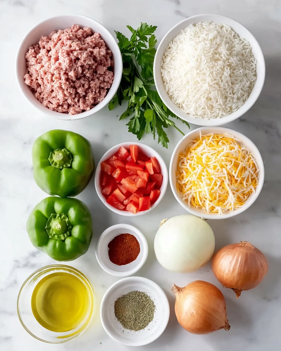 This image shows a large white skillet filled with a thick layer of cooked rice mixed with ground meat, diced green and red bell peppers, and bits of tomato. On top, there is a melted cheese layer that is golden yellow and creamy white, sprinkled with chopped green herbs. In the center of the skillet, there is a dollop of white sour cream topped with more green herbs. A metal spoon rests inside the skillet, scooping a portion of the rice and meat mixture. The skillet sits on a white marbled surface, and underneath it is a black and white cloth. The photo taken with an iphone --ar 4:5 --v 7