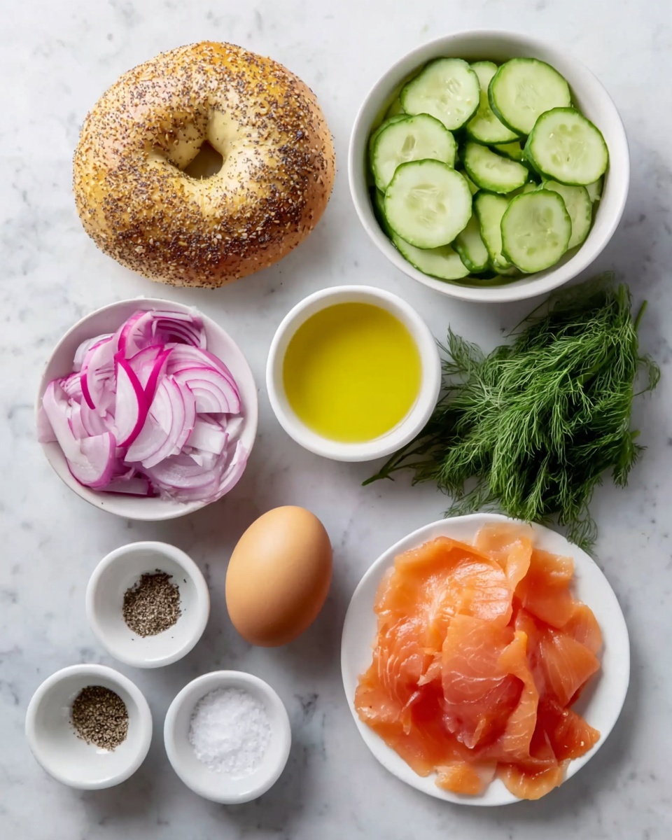 The image shows ingredients for a bagel sandwich arranged on a white marbled surface. There is a golden-brown, seeded bagel at the top left, and to its right, a white bowl filled with thin, round green cucumber slices. Below the cucumber bowl is a cluster of fresh green dill. Near the center, a white bowl holds a clear yellow liquid, likely oil or melted butter. To the left of that bowl are thinly sliced radishes and red onions in another white bowl, showing layers of white with red edges and purple. Below that, a whole brown egg is placed next to a small white bowl of coarse salt and another small white bowl filled with ground black pepper. At the bottom right, there is a white plate piled with thin, bright orange slices of smoked salmon. Photo taken with an iphone --ar 4:5 --v 7