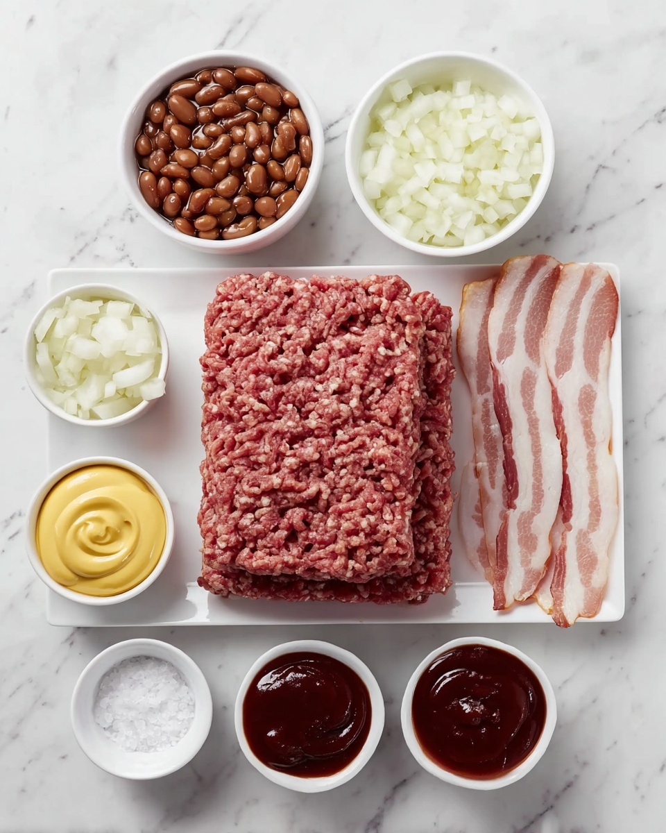 The image shows a white square plate filled with four thick layers of raw ground meat, each layer having a rough, crumbly texture and pinkish-red color. To the right of the meat are three strips of uncooked bacon, laid flat with visible white fat and pinkish meat stripes. Surrounding these main items are six small white bowls and containers arranged neatly on a white marbled surface: one bowl with smooth, shiny dark brown baked beans; one with finely chopped white onions; one with creamy yellow mustard sauce swirled on top; one filled with fine white salt grains; one emptied container; and another bowl holding thick, dark red BBQ sauce with a glossy texture that shows subtle swirls. The photo is taken with an iphone --ar 4:5 --v 7