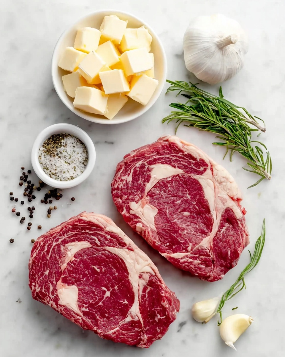 The image shows two raw ribeye steaks with visible fat marbling placed side by side on a white marbled surface. Above the steaks, there is a small white bowl filled with cubed butter. To the right of the steaks, there is a whole garlic bulb, a peeled garlic clove, and a fresh sprig of rosemary. To the left of the steaks, a small white bowl contains coarse salt mixed with dried herbs, and black peppercorns are scattered nearby. The colors contrast between the red meat, white fat, creamy yellow butter, green rosemary, and white garlic, creating a fresh and natural look photo taken with an iphone --ar 4:5 --v 7