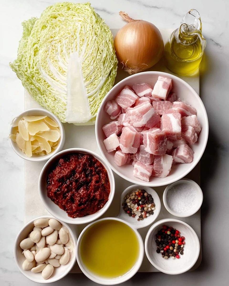 A white bowl sits on a striped beige and brown cloth on a white marbled surface, filled with cooked yellow cabbage that looks soft and slightly shiny. On top of the cabbage, there are white beans mixed with small, dark brown crispy pieces that add texture and color contrast. The cabbage layers show wrinkles and some translucence, while the white beans are oval and smooth, scattered evenly. A silver spoon rests inside the bowl, partially hidden by the cabbage. In the background, there are stacked white dishes blurred out. Photo taken with an iphone --ar 4:5 --v 7