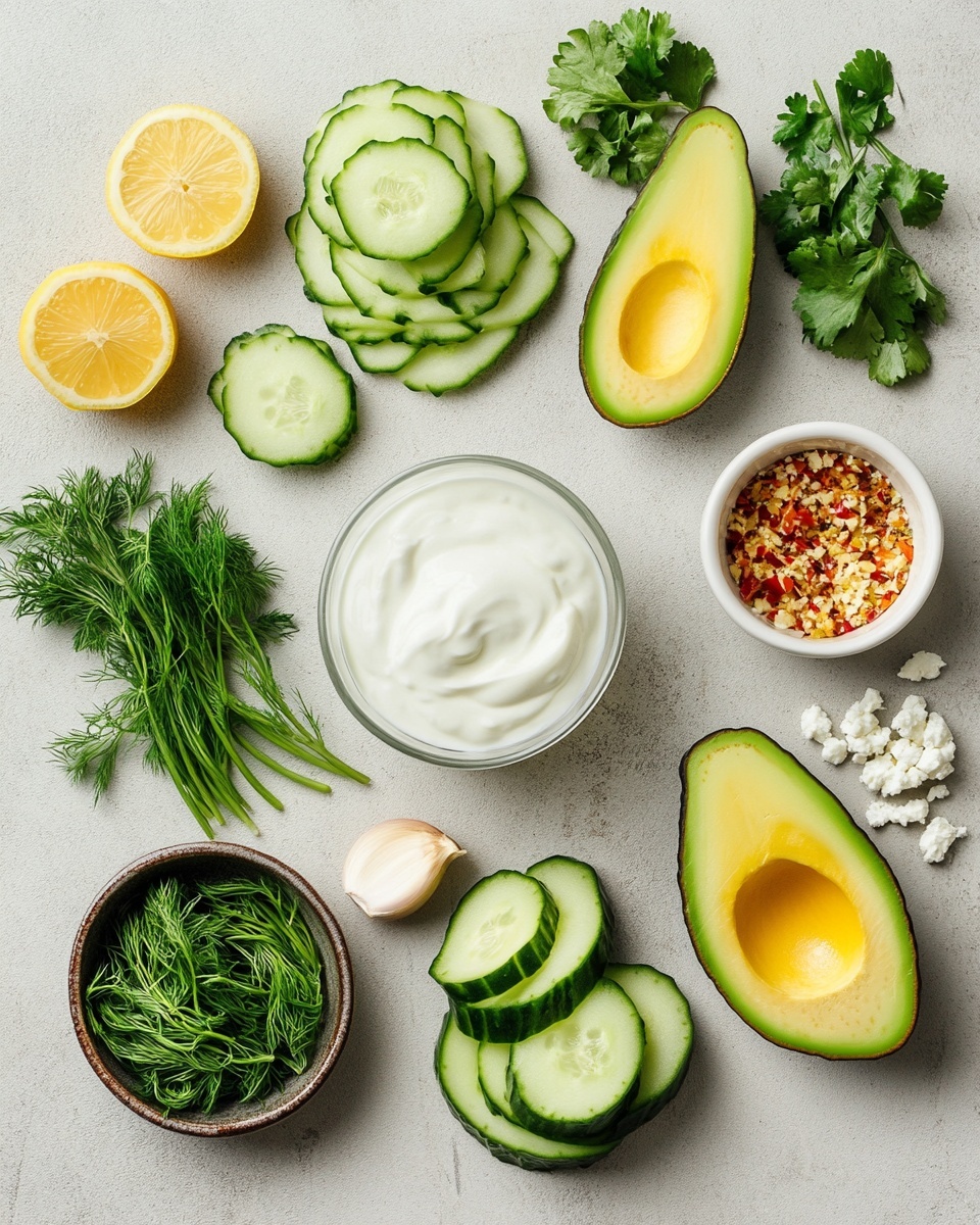 A large white bowl filled with a colorful, fresh salad arranged in distinct sections on a white marbled surface. One section has thin slices of bright green avocado fanned out on top, next to chopped light green cabbage with a sprinkle of crumbled white cheese and small red flakes. Another section shows chopped dark green spinach leaves mixed with small sprigs of dill and more crumbled white cheese, while beside it are small pieces of light green cucumber with scallions sliced thinly on top. A wooden spoon rests on the left side of the bowl, and more cucumber pieces along with a green dressing in a clear jar are placed on the white marbled background nearby. Photo taken with an iphone --ar 4:5 --v 7
