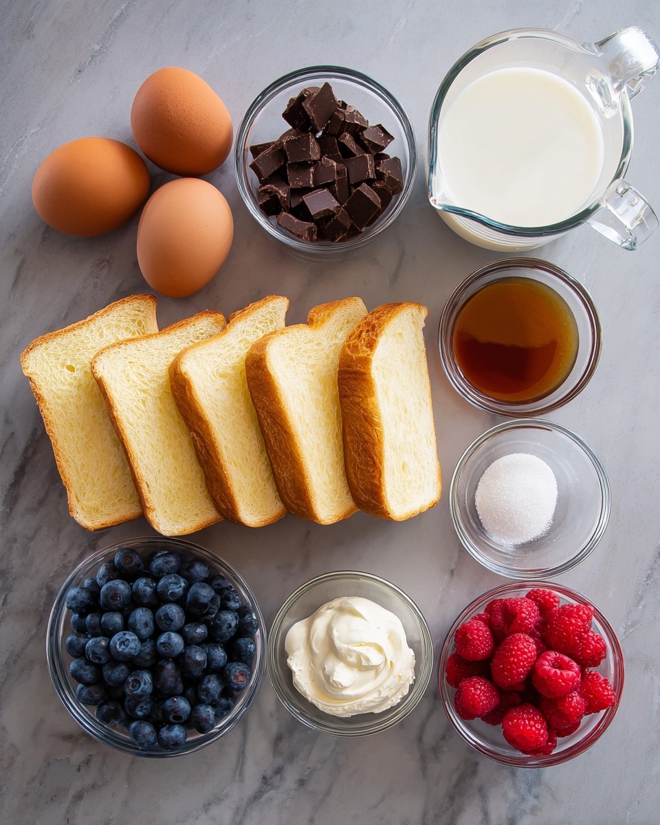 The image shows ingredients for a dish arranged neatly on a white marbled surface. In the center, there are seven slices of golden bread stacked in two rows. To the left, three brown eggs sit next to a small glass bowl filled with dark chocolate chunks and another bowl filled with fresh blueberries. To the right, there are four small glass bowls with different ingredients: one with light brown liquid (likely vanilla), one with white granulated sugar, one with creamy white liquid (probably cream), and one with bright red raspberries. Above these ingredients, a glass measuring cup holds fresh milk. The lighting is bright and natural, highlighting the colors and textures clearly. Photo taken with an iphone --ar 4:5 --v 7