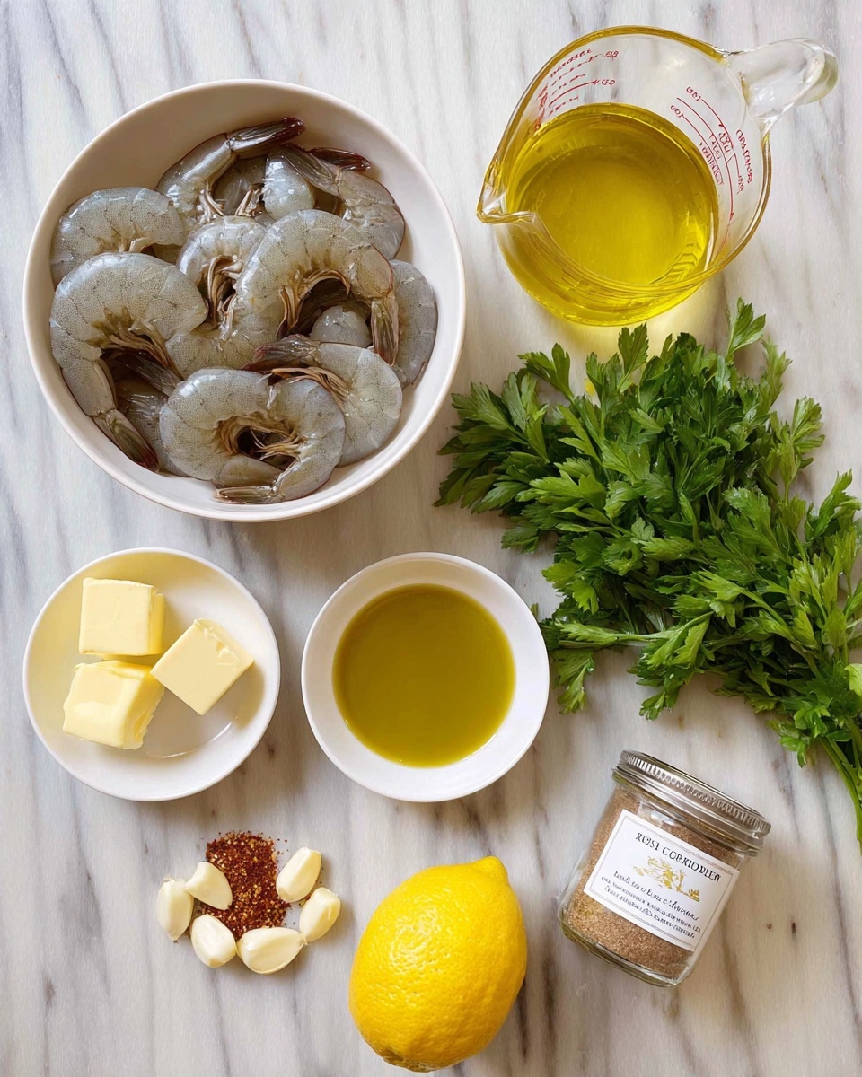 A top view of ingredients arranged on a white marbled surface, featuring a white bowl filled with raw grey shrimp with tails, slightly curled and wet-looking, placed on the left side. Below the bowl, there is a small white bowl with two pieces of yellow butter, next to it a small glass bowl with golden olive oil. To the right of the shrimp bowl, a fresh bunch of green parsley lies with its leafy texture visible. Beside the parsley are four peeled garlic cloves scattered. Next to the garlic is a clear jar labeled