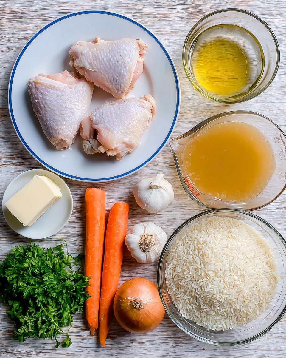 The image shows a wooden surface covered with various cooking ingredients arranged neatly. In the center left, there is a white plate with blue lines holding four raw chicken thighs, light pink with smooth skin. Below the plate, two fresh orange carrots and a brown onion with a dry top are placed side by side, along with a rounded cluster of garlic in white tones. On the far left, a white rectangular block of butter and a clear glass bowl filled with light yellow cooking oil are visible. To the right, a large clear glass bowl holds a pile of long white rice grains. In front of it, a large glass measuring cup contains golden chicken broth. Lastly, a small white bowl with some grated pale yellow cheese and a bunch of fresh green parsley complete the setup. The background has a white marbled texture. Photo taken with an iphone --ar 4:5 --v 7