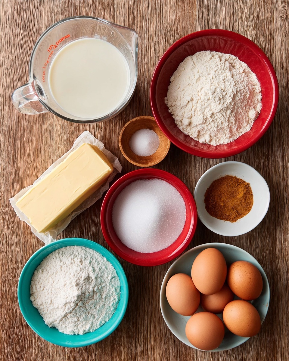 A top view shows eight baking ingredients arranged neatly on a wooden surface. There is a clear glass measuring cup filled with milk on the top left. Below it is a rectangular stick of butter wrapped in white paper. Next to the butter is a small red bowl full of white flour. A small wooden bowl with a pinch of salt is placed near the center. Above that is a small red bowl filled with white granulated sugar. On the right side, four light brown eggs are grouped together. Above the eggs is a larger white bowl filled with granulated sugar, and below that is a small light blue bowl holding a brown spice, likely cinnamon. photo taken with an iphone --ar 4:5 --v 7