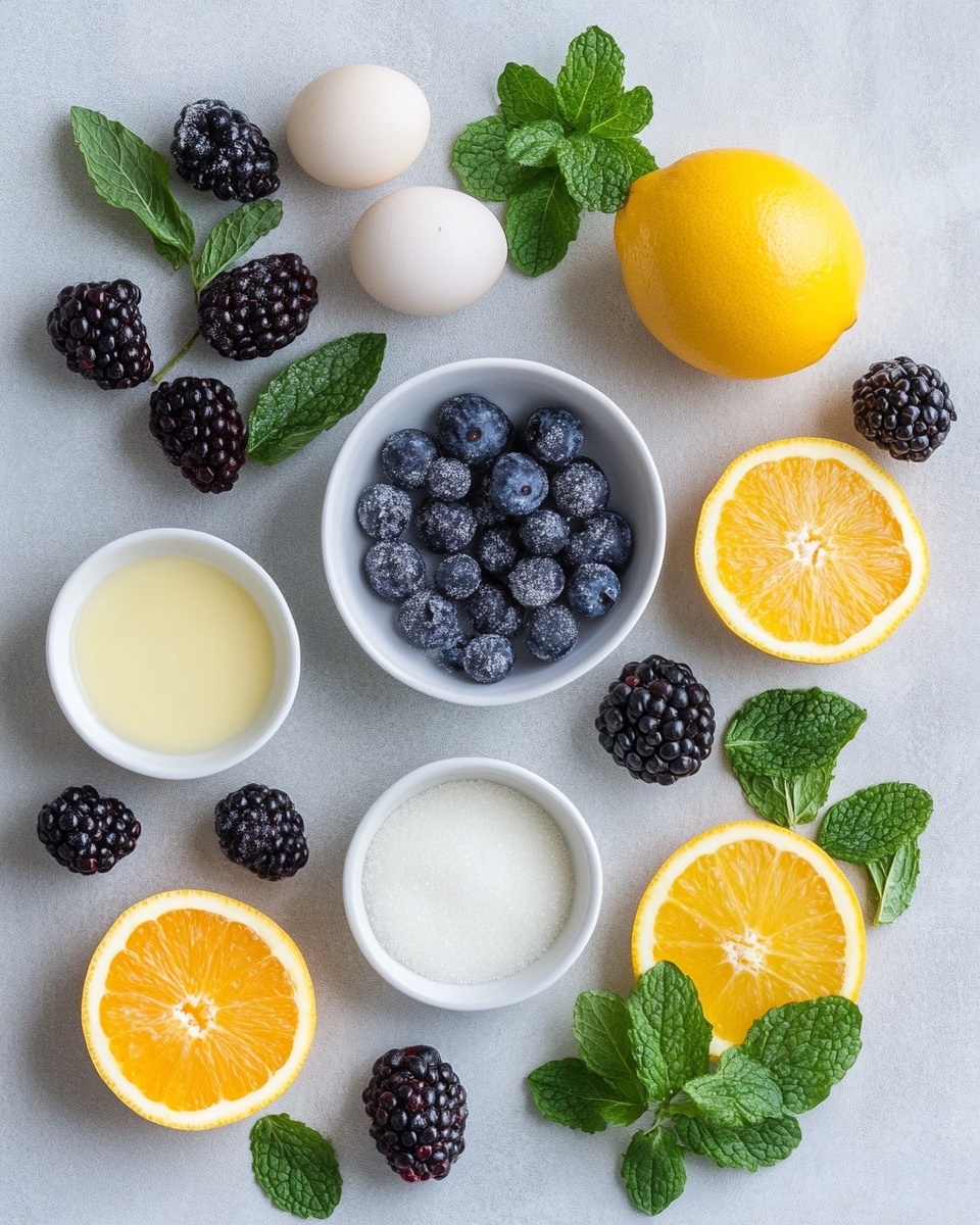 The image shows a single round, puffy white meringue with a rough texture and cracked surface, placed on a white marbled surface. On top of the meringue, there is a smooth, creamy, light orange layer of custard or sauce in the center. Resting on this layer are two dark blue blueberries, a small cluster of shiny blackberries, and two bright green fresh mint leaves, one larger and one smaller, giving a fresh and colorful look. The edges of the meringue are raised, forming a shallow bowl holding the toppings. Photo taken with an iphone --ar 4:5 --v 7