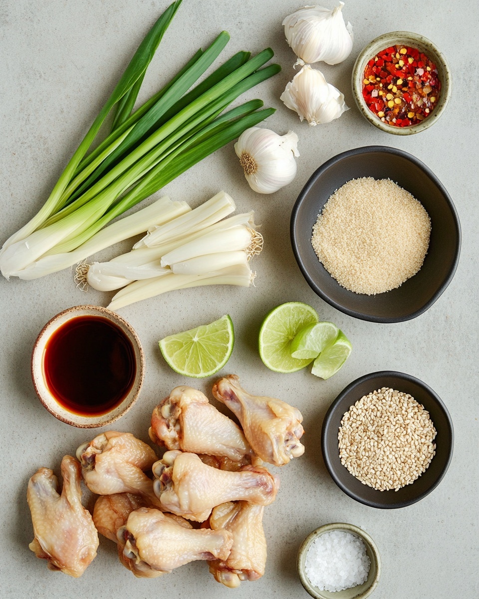 A square white plate with a grid pattern holds a pile of seven grilled chicken wings glazed in a dark reddish sauce, with some blackened edges showing a charred texture. The wings are garnished with small white sesame seeds and pieces of bright green sliced scallions scattered on top and around them. Two lime wedges rest on the back left corner of the plate. The plate is on a white marbled surface with loose scallion pieces around it. In the blurred background, there is a glass filled with light amber beer, part of a brown beer bottle, and a wooden-handled bottle opener. photo taken with an iphone --ar 4:5 --v 7