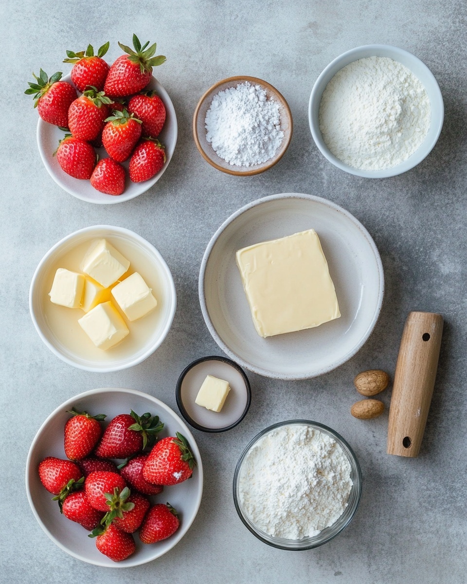 A clear glass baking dish holds a two-layer dessert with a golden, crumbly top layer that looks slightly cracked and baked to a soft brown color. Underneath, a thick, bright red strawberry filling peeks through the cracks and the missing right section where a wooden spoon is scooping out the dessert, revealing the shiny, juicy, syrupy texture of the strawberries. On top of the baked crust near the upper left corner, there is a sliced strawberry fanned out as decoration with its green leafy top still attached. The dish rests on a white marbled surface, alongside a white bowl filled with white whipped cream and a red and white cloth napkin on the left. Photo taken with an iphone --ar 4:5 --v 7