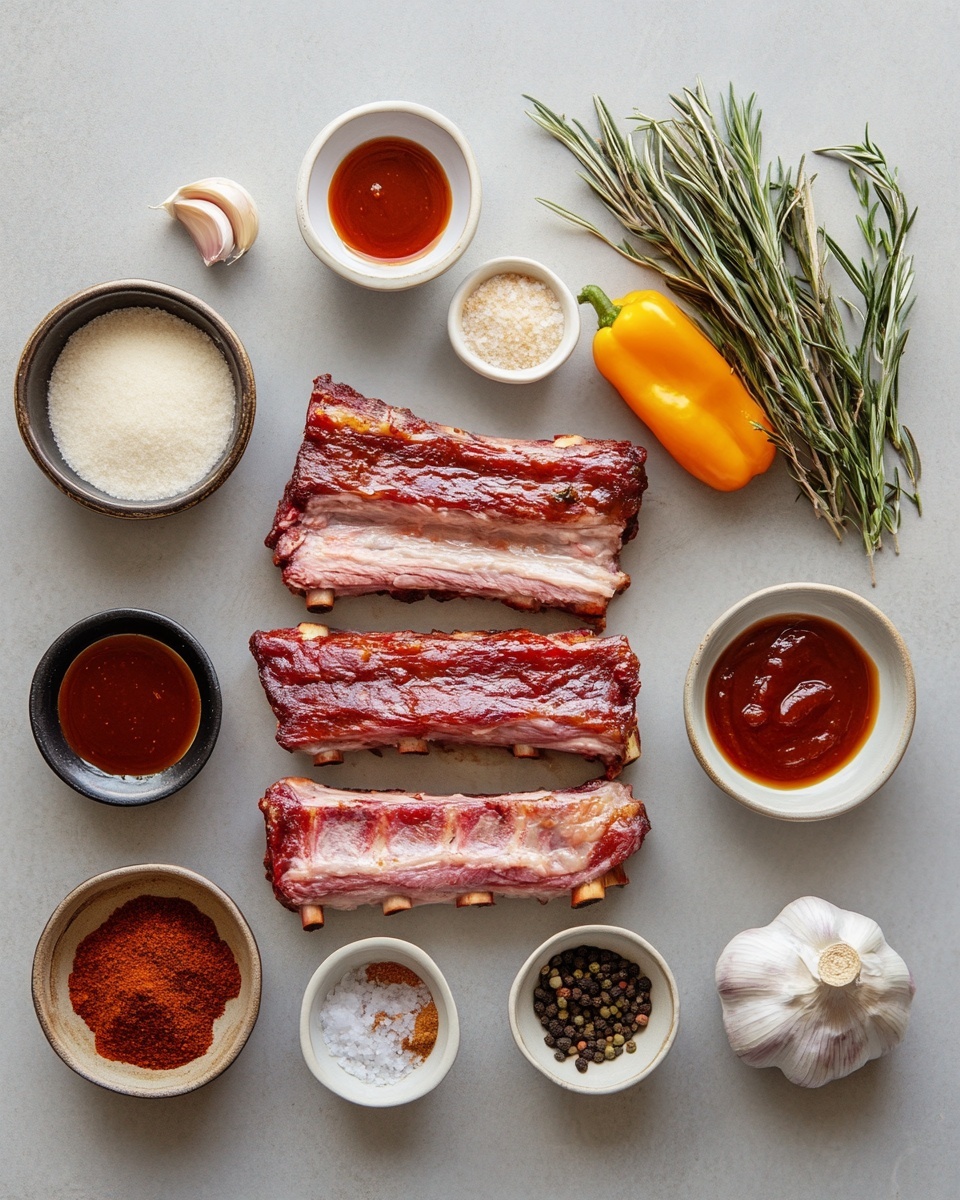 This image shows several pieces of cooked ribs placed on wrinkled white parchment paper over a cooling rack with a white marbled surface underneath. Each rib has three visible layers: the bone at the bottom, pale in color with some char marks; a layer of tender cooked meat above the bone, light brown; and a thick layer of dark reddish-brown barbecue sauce glazed on top, looking sticky and slightly shiny. Some crumbs and bits of sauce are scattered around the ribs on the parchment. Photo taken with an iphone --ar 4:5 --v 7