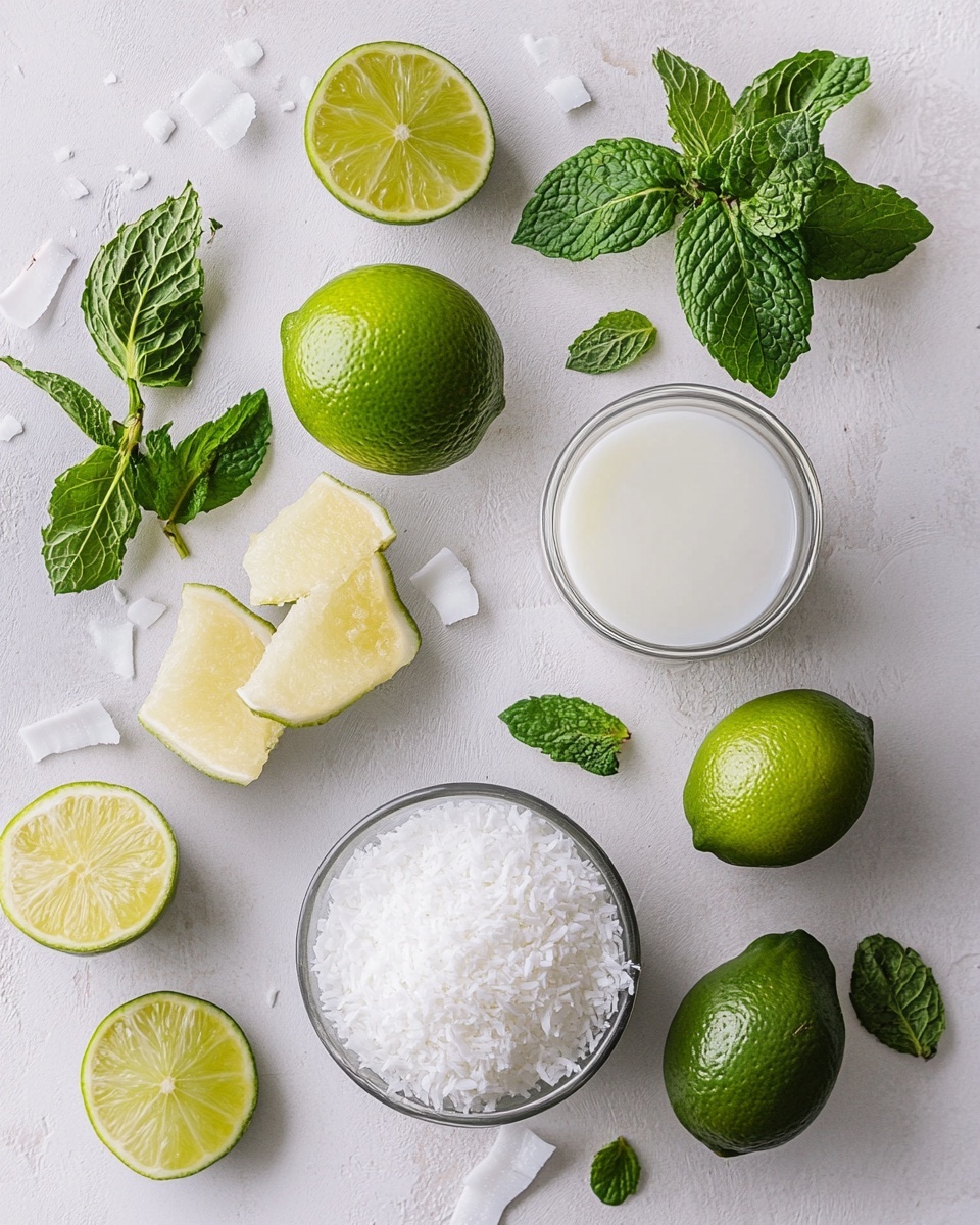 Two white glasses filled with a smooth white drink topped with white flakes, each glass is garnished with a small bunch of fresh green mint leaves on the top right side. Behind the glasses, there is a white small bowl containing white flakes and a halved lime with its green skin and juicy light green inside facing up. In the foreground to the left and right, there are sliced lime pieces with vibrant green skin and pale green flesh, scattered white flakes and a few loose mint leaves resting on a white marbled surface. The scene is brightly lit with soft natural light creating gentle shadows. photo taken with an iphone --ar 4:5 --v 7