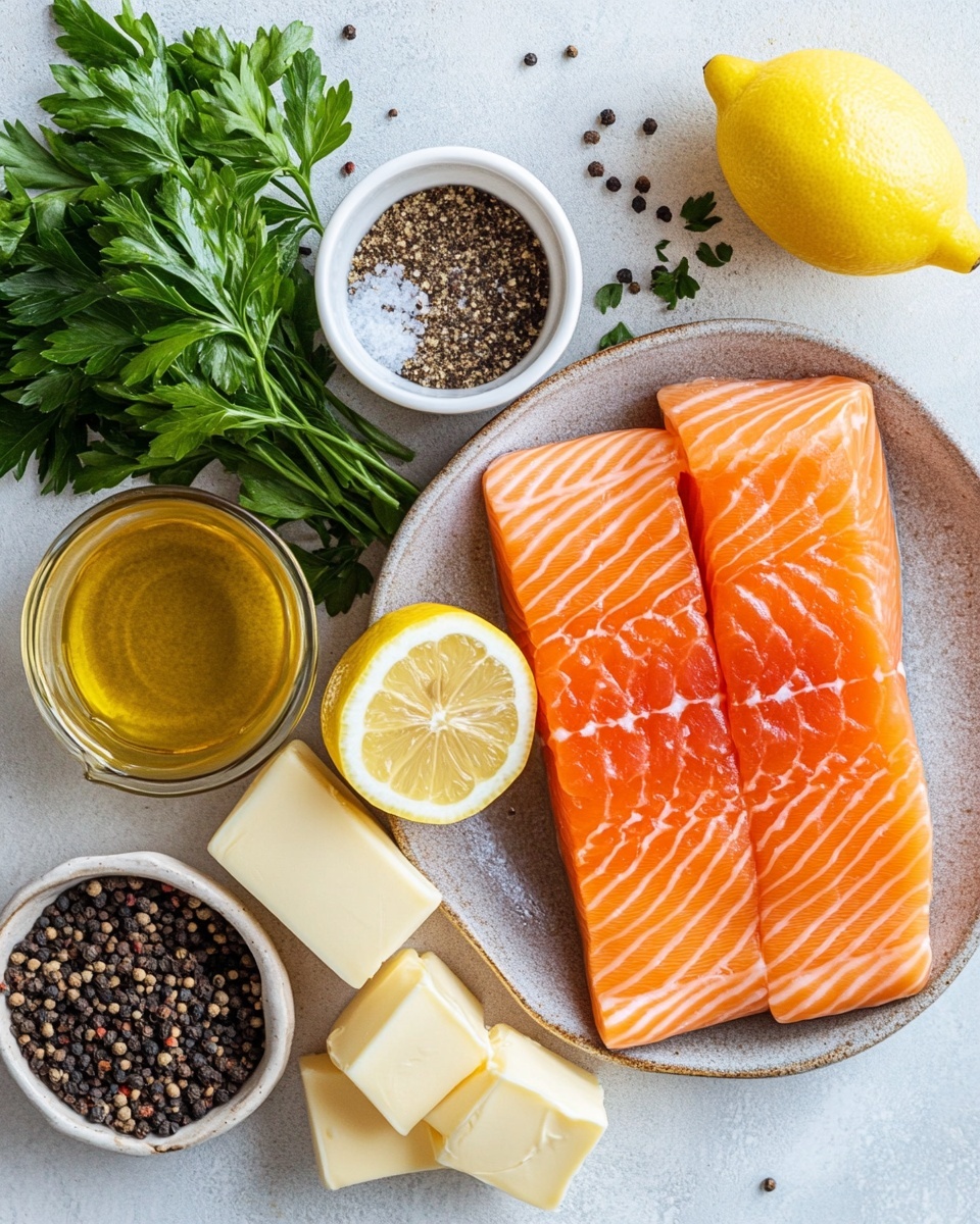 A white oval plate shows four pieces of cooked salmon fillets arranged in two rows, each fillet having a golden-brown crust with a light pink inside, topped with small lemon wedges and sprinkled with green herbs. The fillets sit in a light yellow buttery sauce. To the right side of the plate, a bunch of bright green asparagus sticks leans against the fillets. The white marbled surface is visible around the plate. Photo taken with an iphone --ar 4:5 --v 7